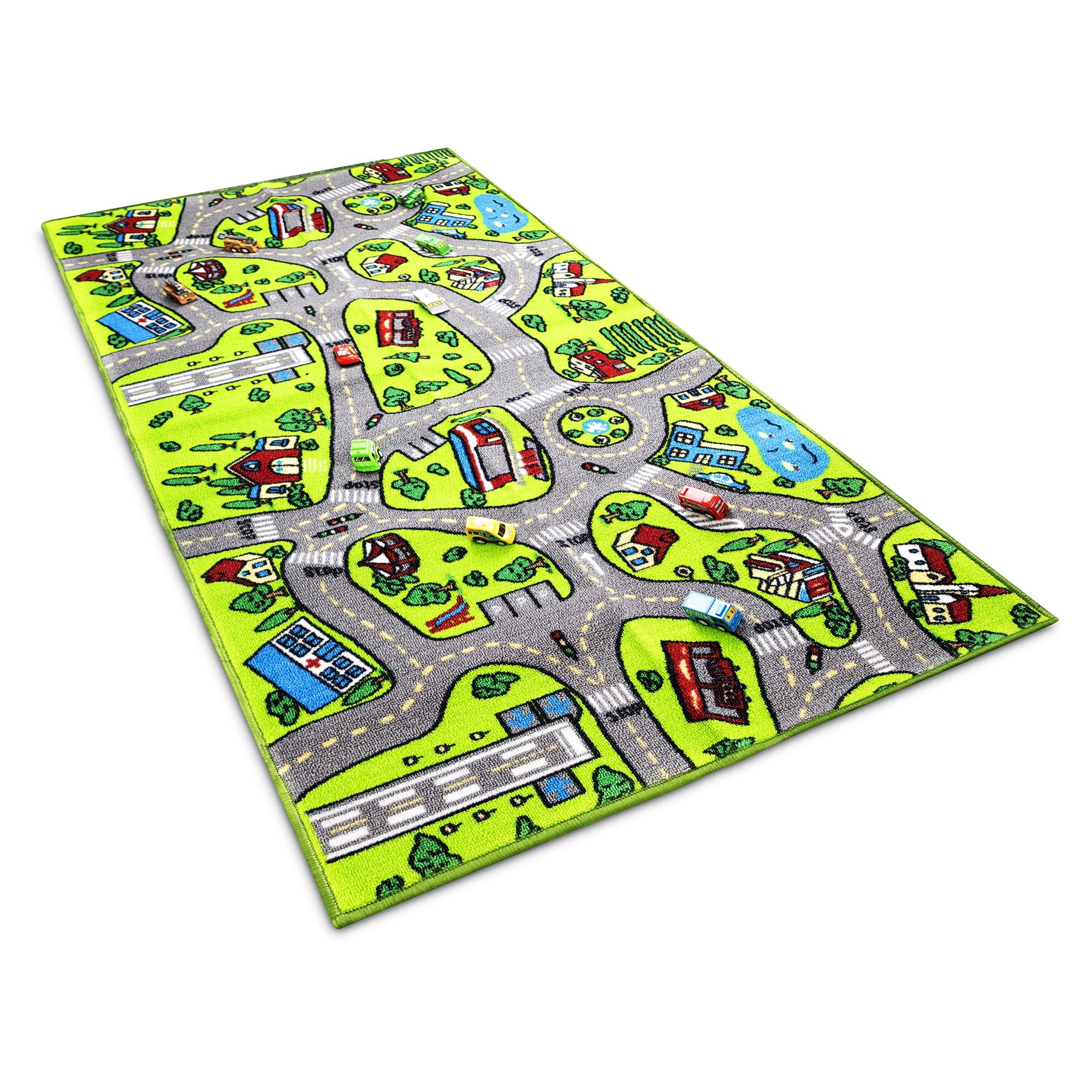 Kids Rug Carpet Playmat, w/14 Pull Back Cars Included - City Life Learn, Have Fun Safe