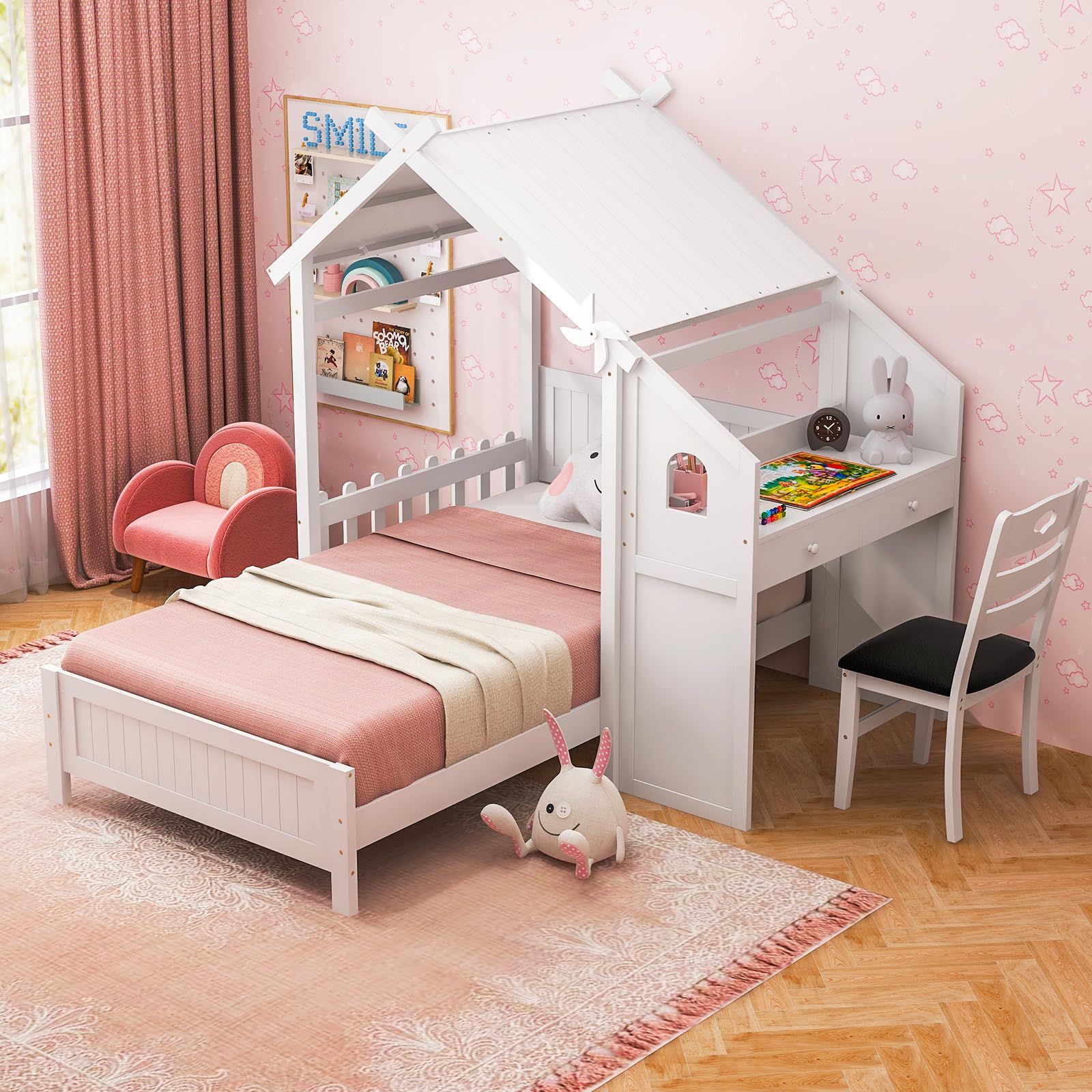 Giantex Twin House Bed with Desk & Chair, Wood Kids Playhouse Bed with 2 Drawers, Windmill, Fence & Headboard, Twin House Bed for Kids Teens, No Box Spring Needed, White