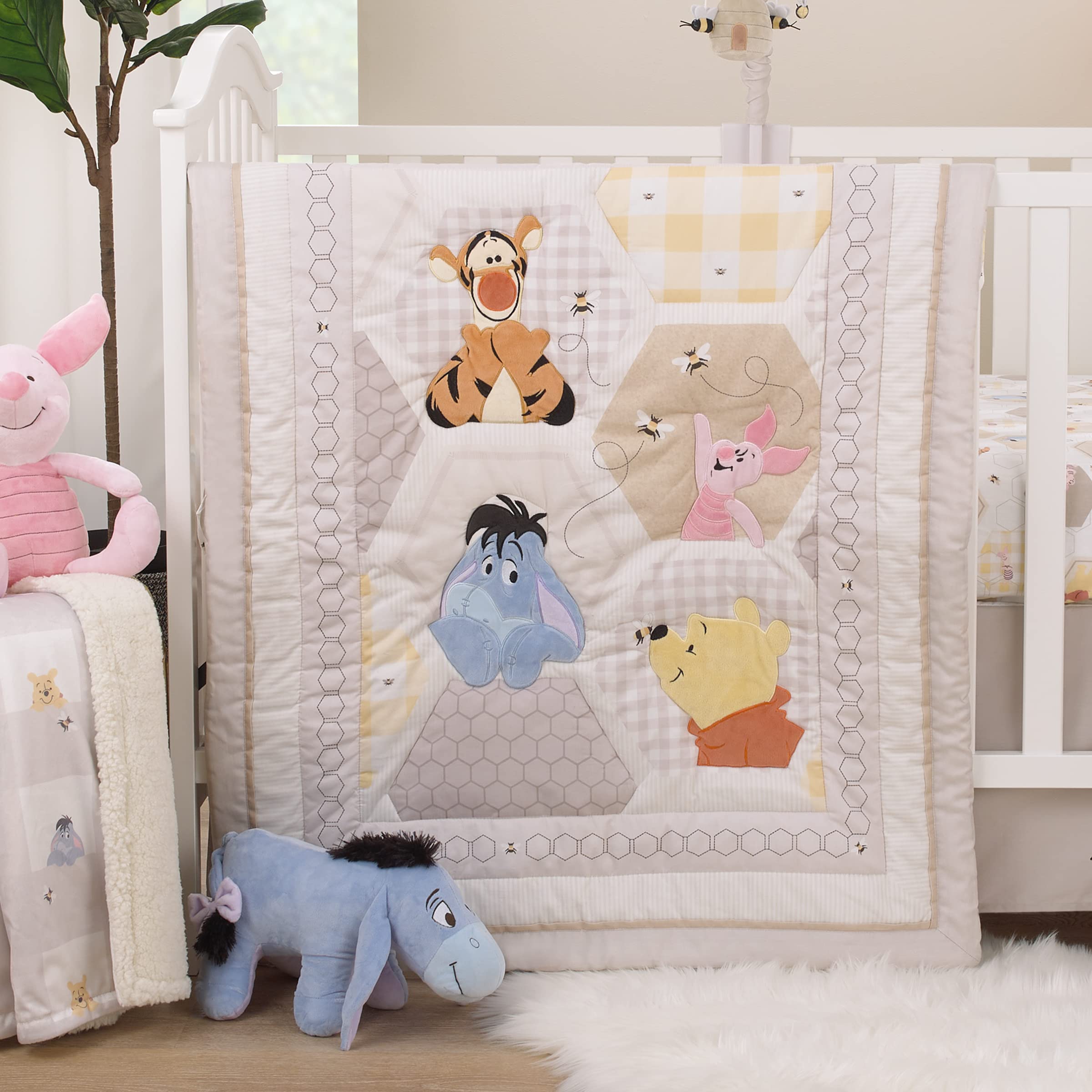 Disney Winnie The Pooh Hugs and Honeycombs Grey, White, and Tan Patchwork
