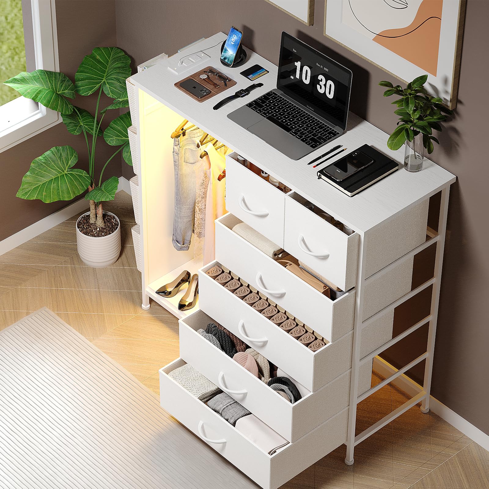 6 Drawer Dresser with Charging Station and LED Lights
