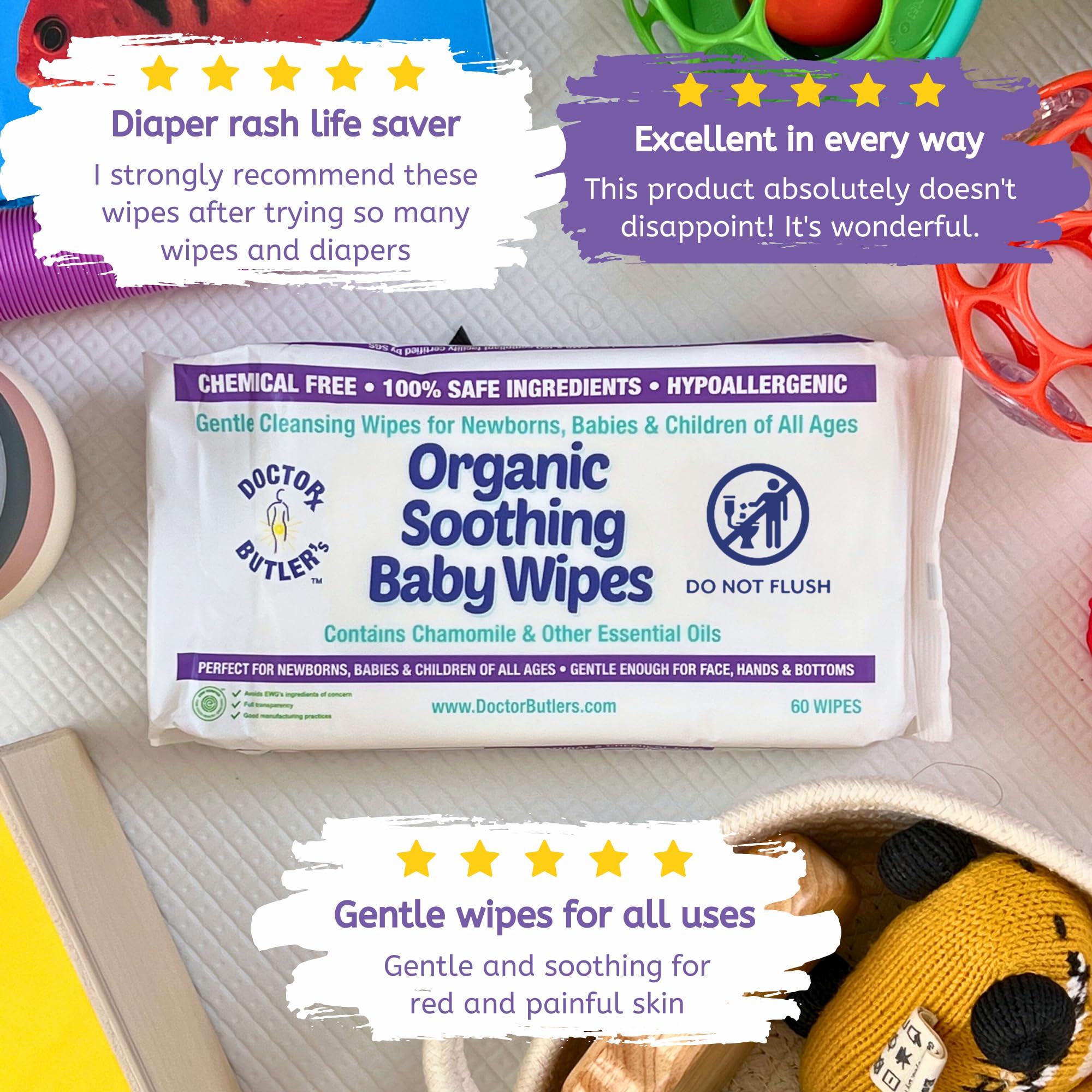 Doctor Butler's Organic Baby Wipes - Hypoallergenic & Unscented Baby Wipes, Safe for Baby Sensitive Skin Care, Made with Chamomile & Essential Oils (9pk – 60 Wipes)