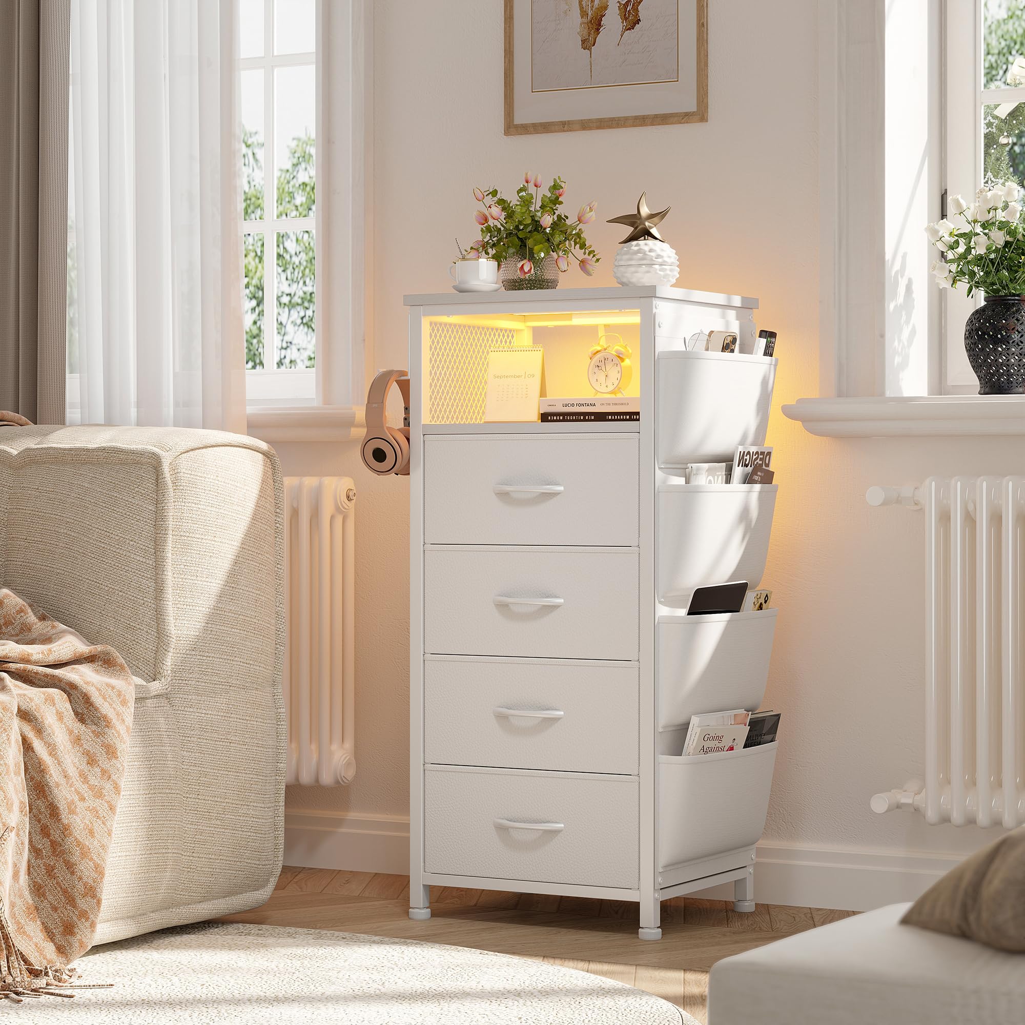 White Nightstand Set of 2,LED Night Stand with Charging Station