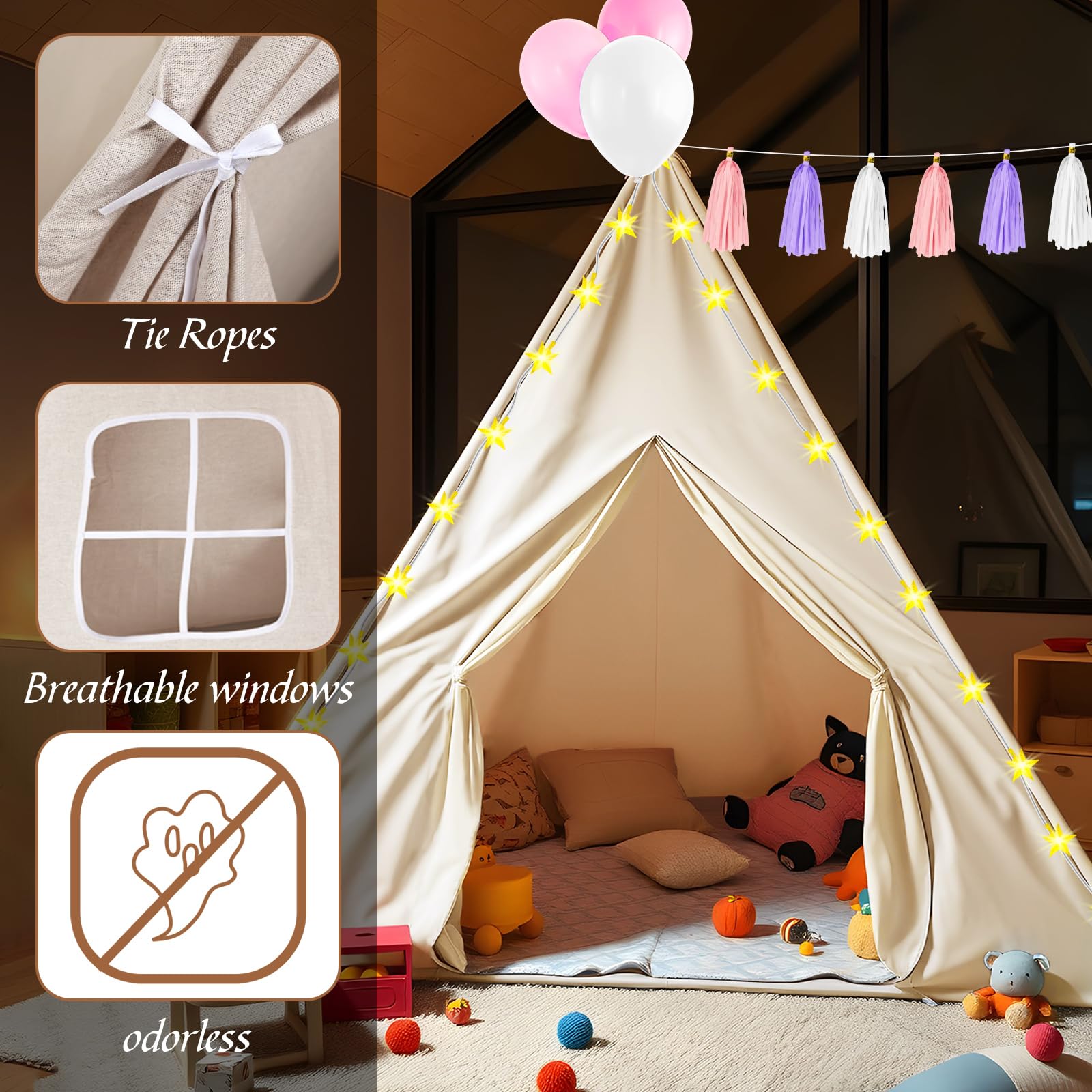 Kids Teepee Tent Set for Slumber Parties - 4 Pack with Lights