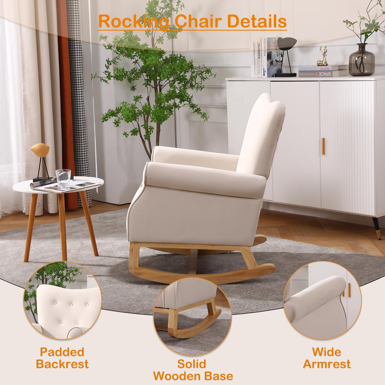 Velvet Nursery Glider Rocking Chair with Solid Wood Legs