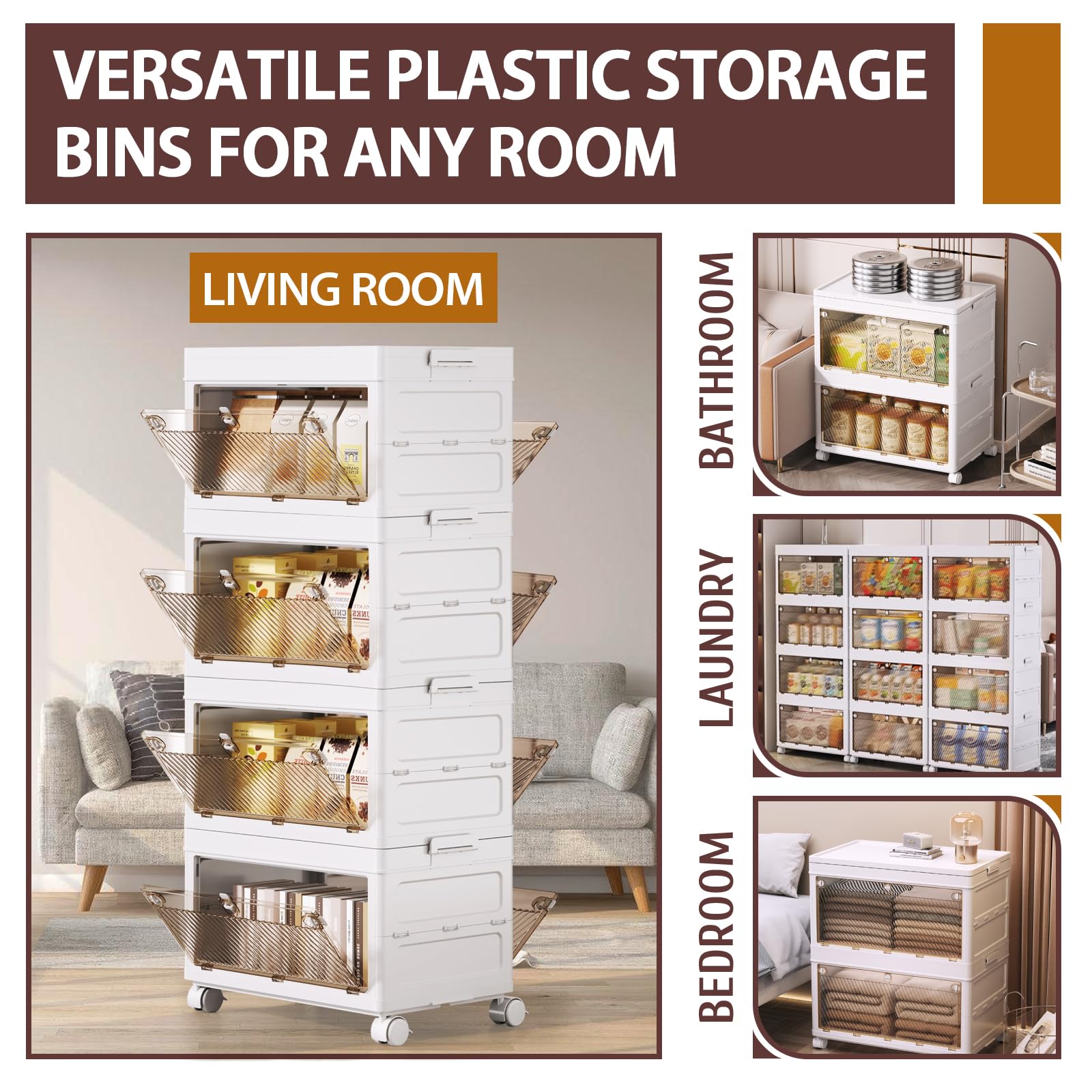 4-Tier Stackable Plastic Storage Bins with Drawers - 37QT Collapsible Organizer Containers