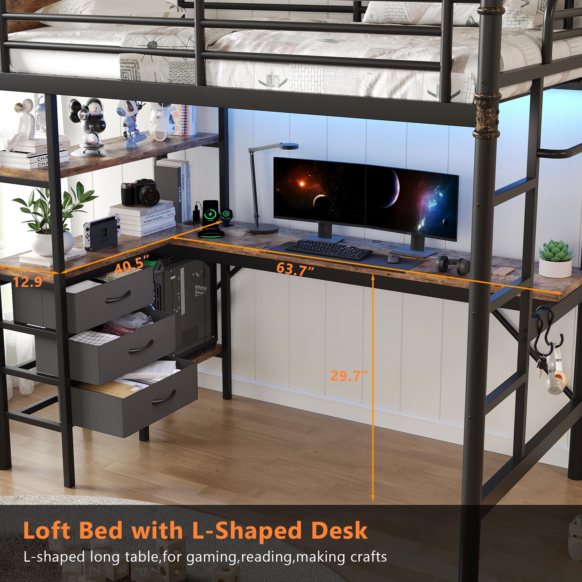 Twin Loft Bed with L-Shaped Desk and LED Lights