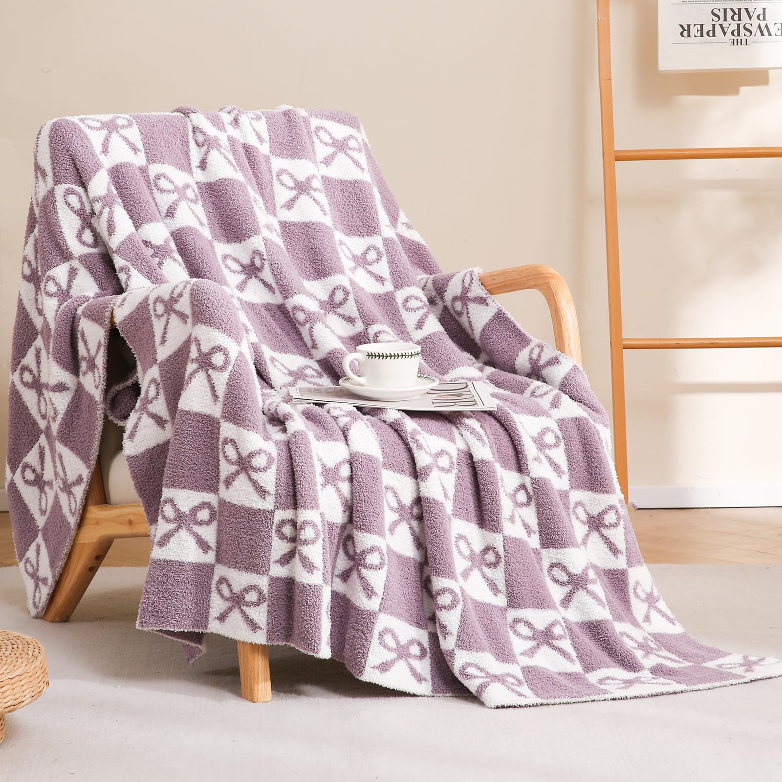 Purple Checkered Knit Throw Blanket with Bow Pattern 50x60 Lovely Ultra Soft Microfiber