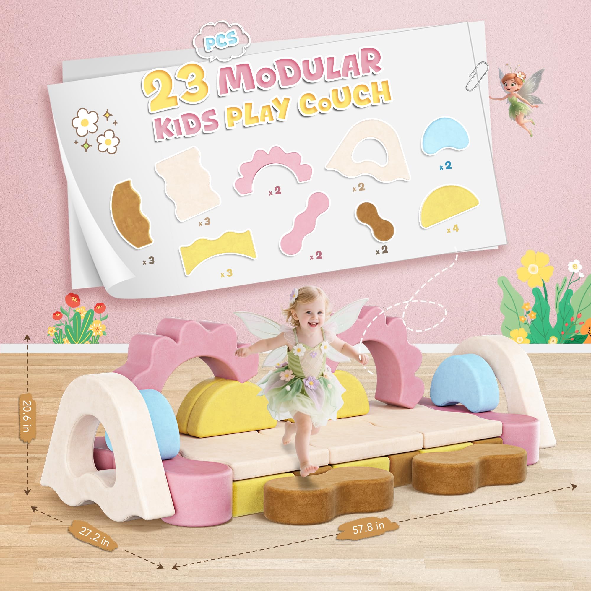 23Pcs Modular Kids Play Couch, Toddler Couch