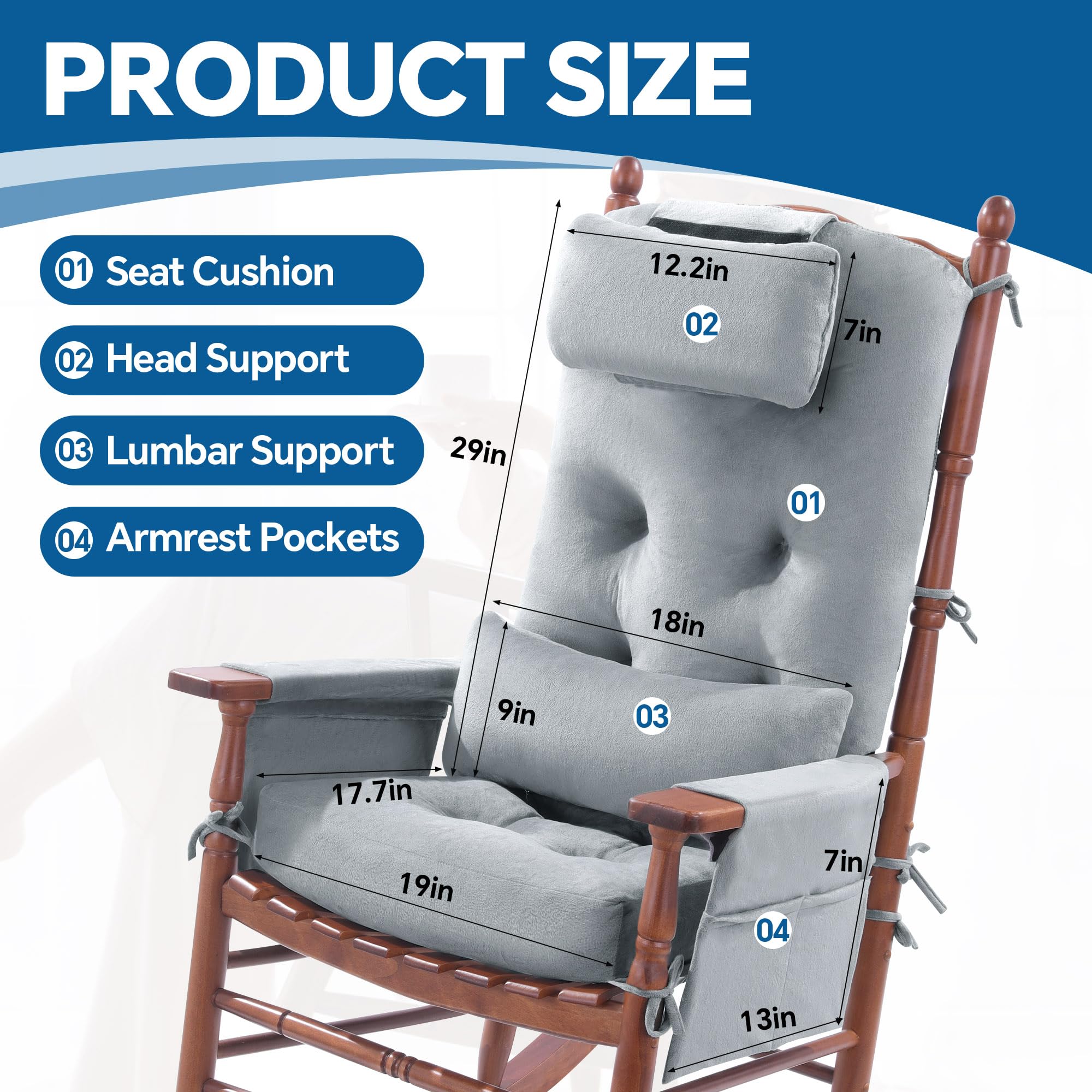 5-Piece Velvet Rocking Chair Cushion Set with Headrest and Lumbar Support