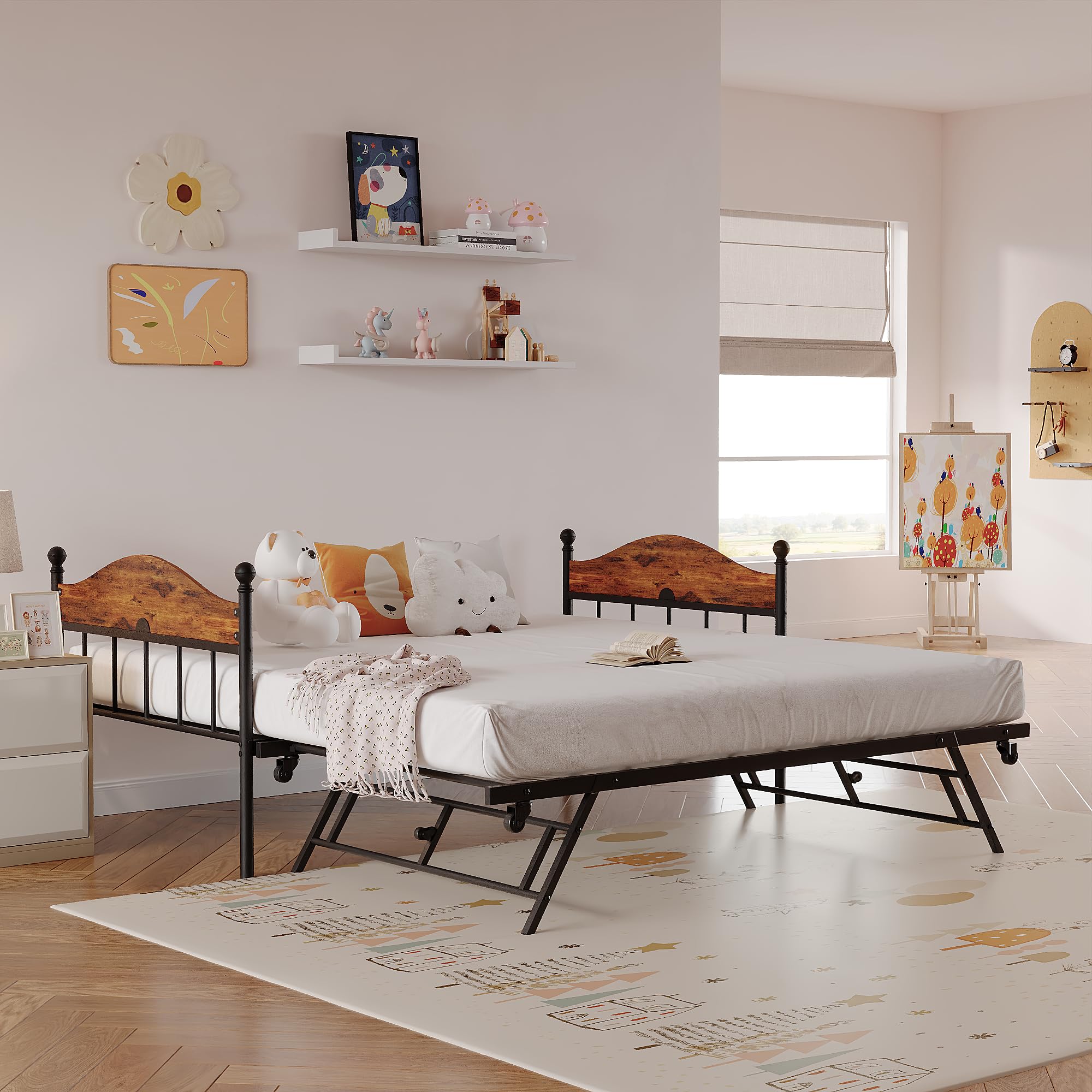 Daybed with Trundle, Metal Twin Size Day Bed