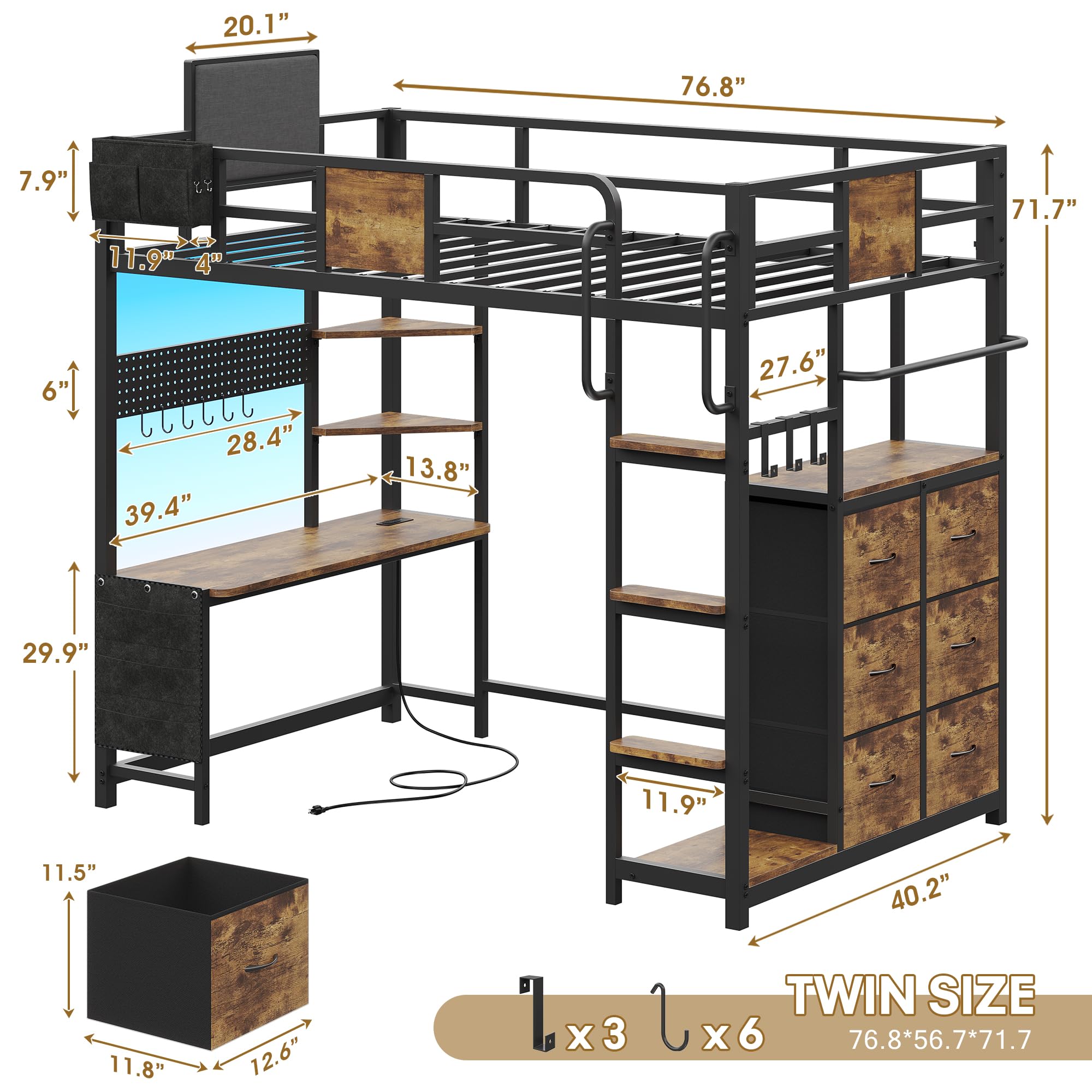 Twin Loft Bed with Desk and Storage Drawers
