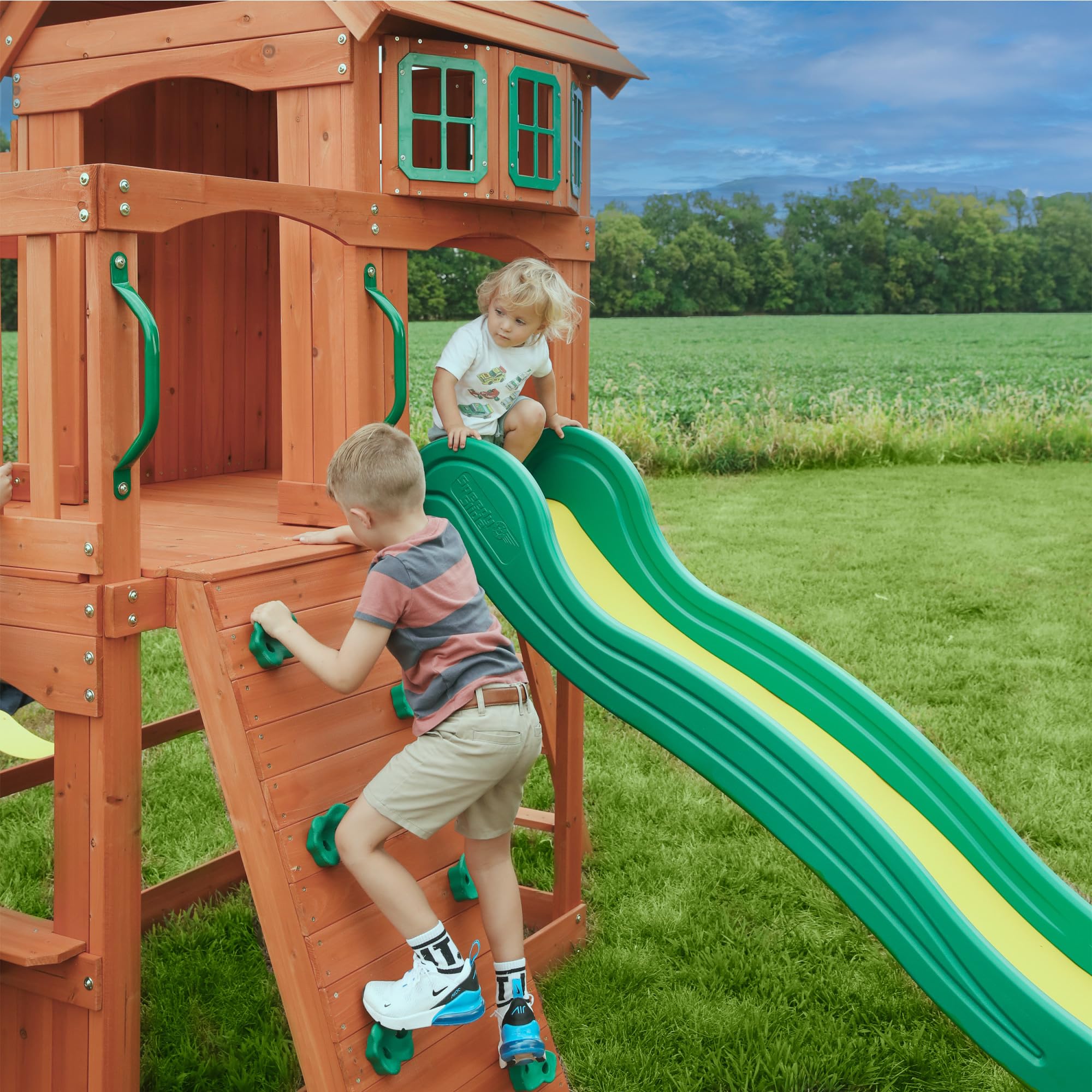 Cedar Wood Swing Set Outdoor Playset Clubhouse Wave Slide Rock Wall Trapeze