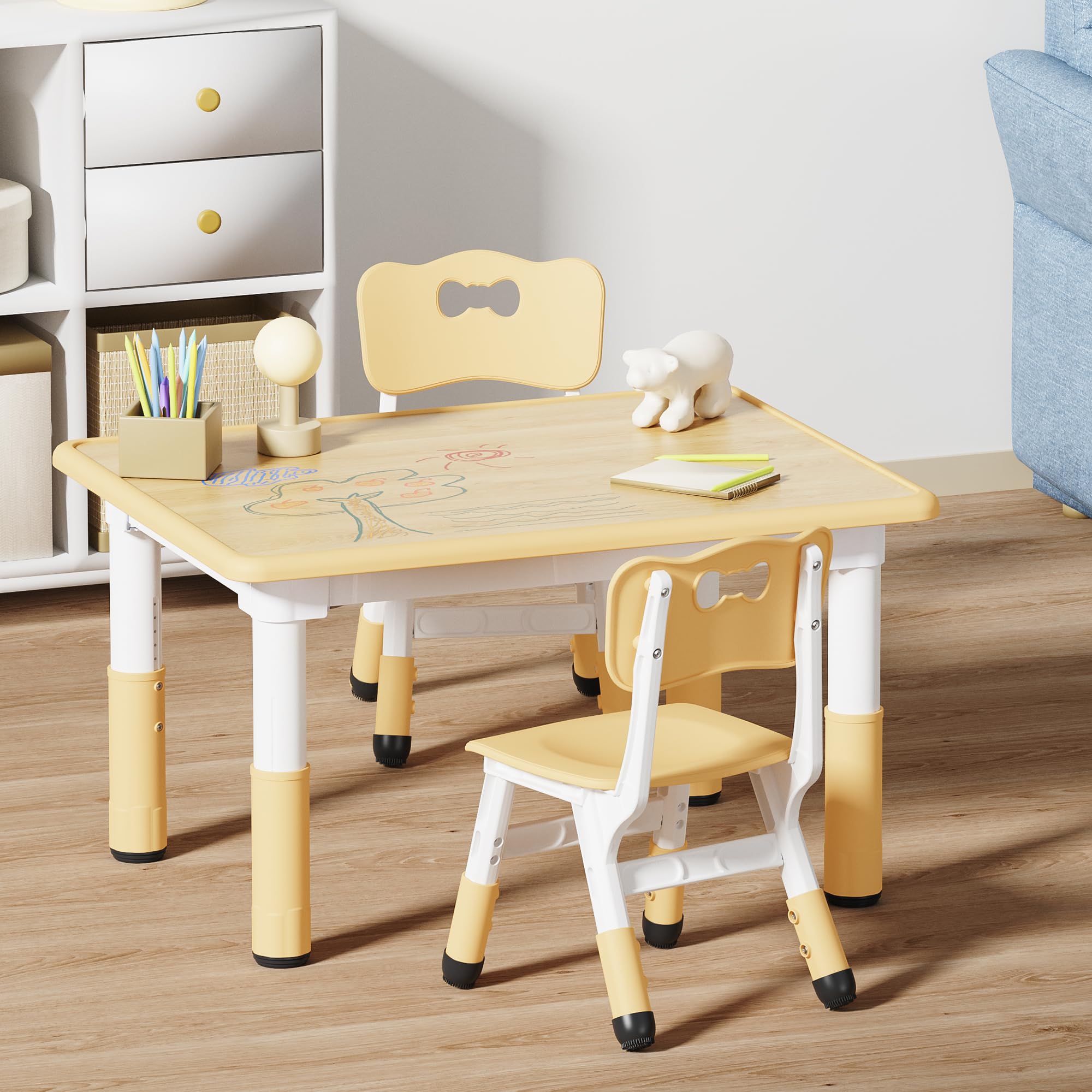 Kids Table and 2 Chairs Set, Height Adjustable Toddler Table and Chair Set