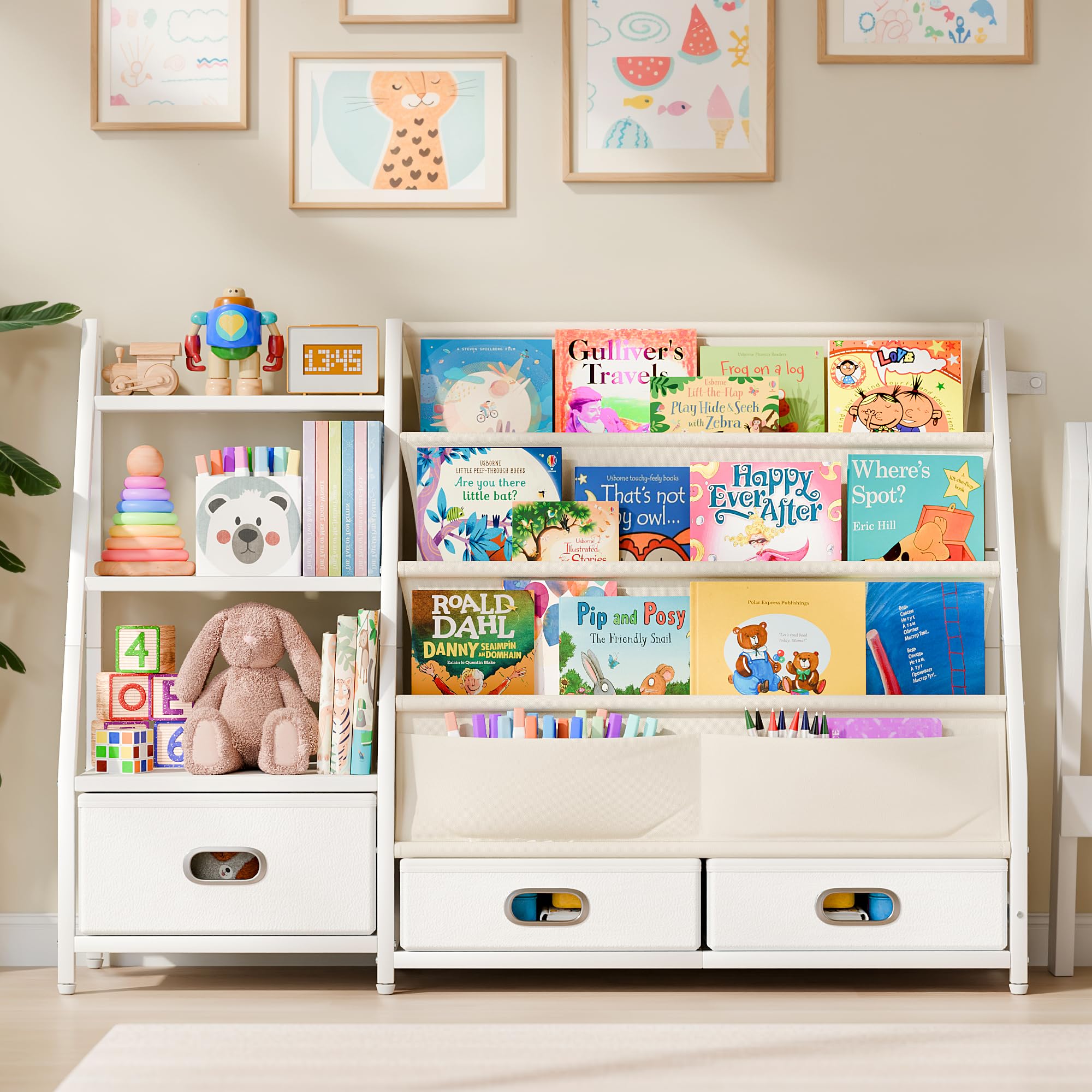 Kids Bookshelf with Storage Drawers - 3 Tier Toddler Book Organizer