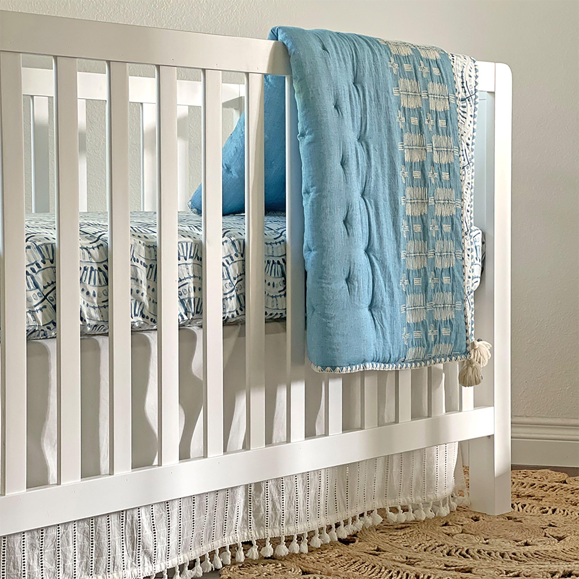 Crane Baby Boho Cotton Baby Crib Skirt with Fringe, White Bed Skirt Fits Standard Cribs, Skirting 28” X 52” X 8”, Off White Neutral Crib Skirts for Nursery