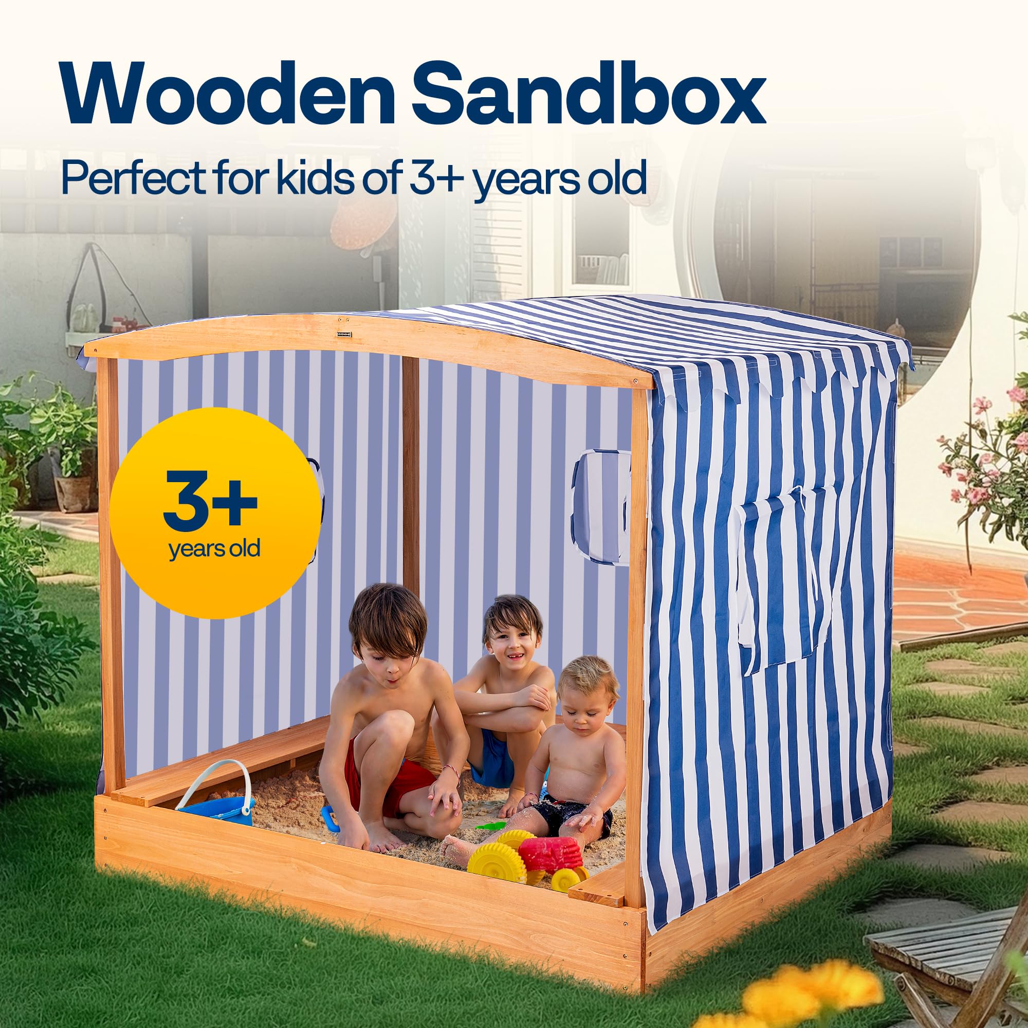 Fir Wood Sandbox with UV-Blocking Canopy and Benches