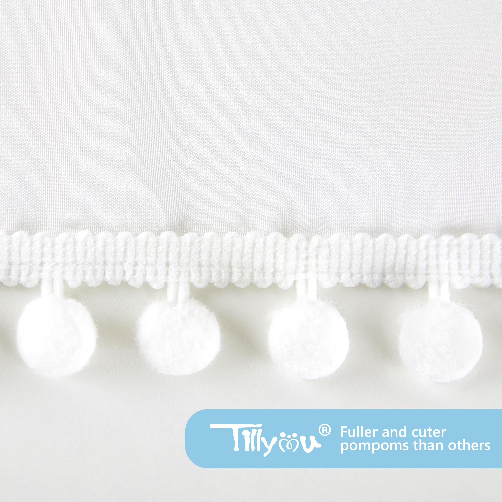 TILLYOU Baby Crib Skirt Girls Boys, Ruffled Bed Skirt with Pompoms, 28”x 52”, 14'' Drop, White