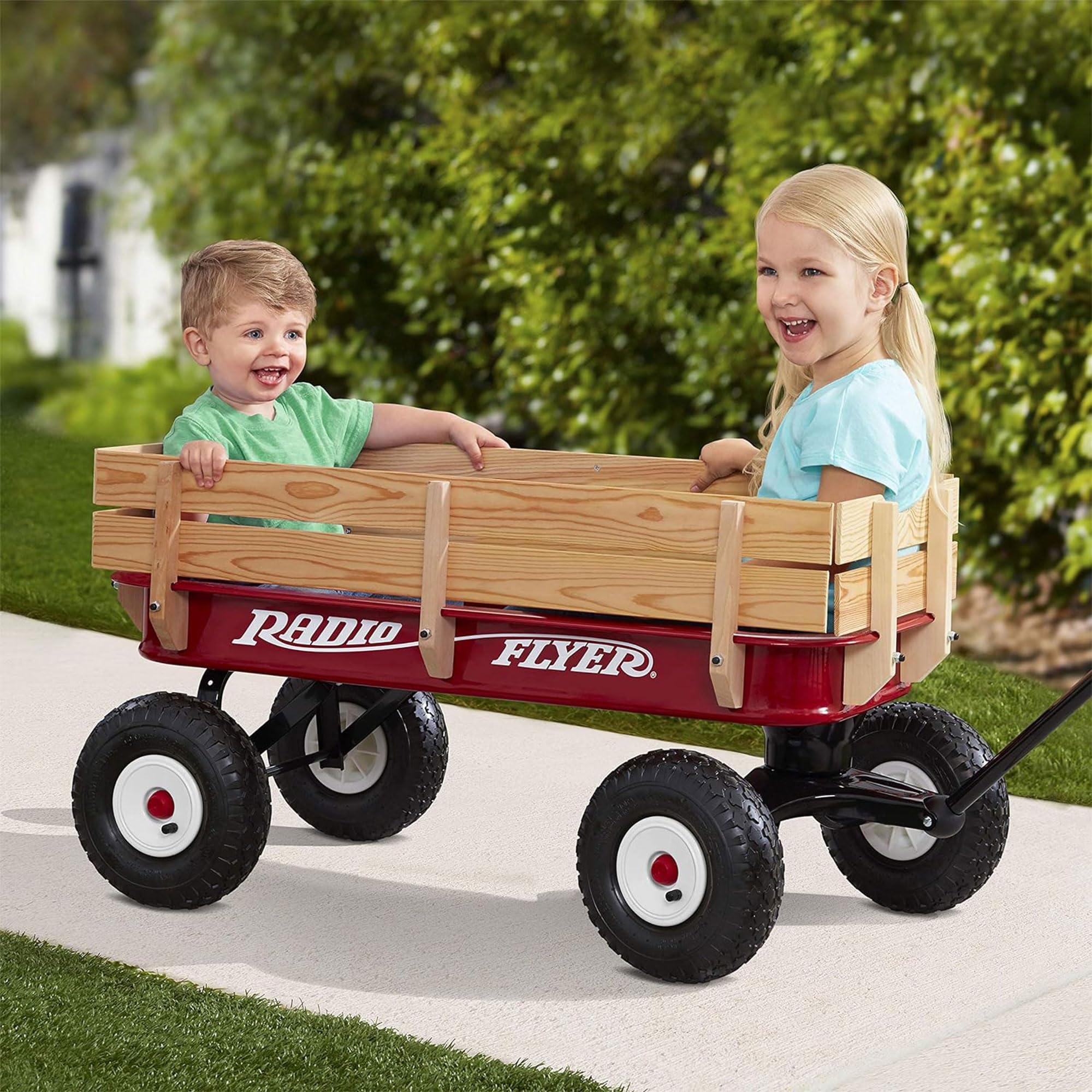 Pull Along Kids Wagon with Foldable Handle and Wooden Stake Sides