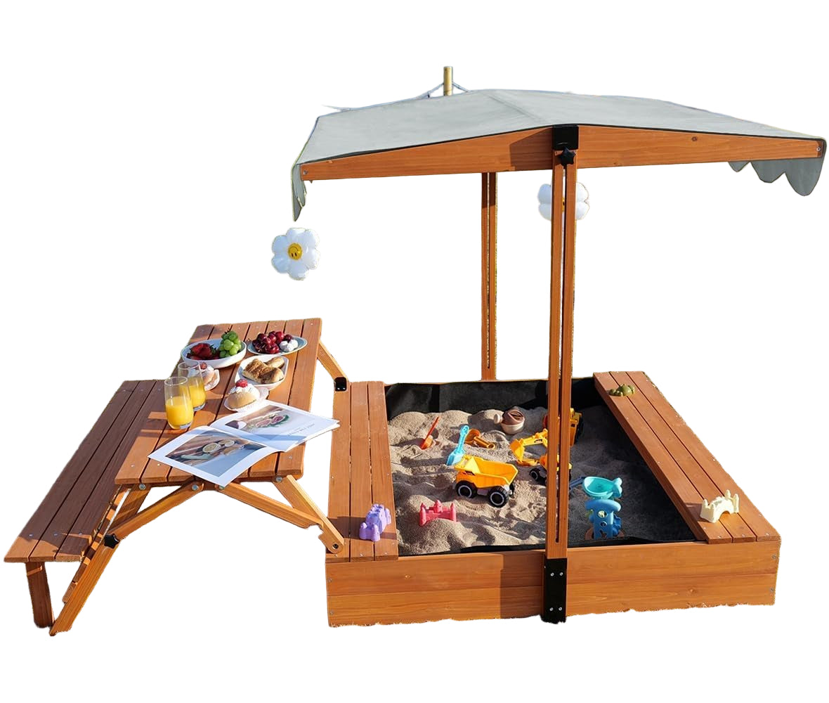Wooden Kids Sandbox with Lid Outdoor Sand Box with Picnic Table Foldable