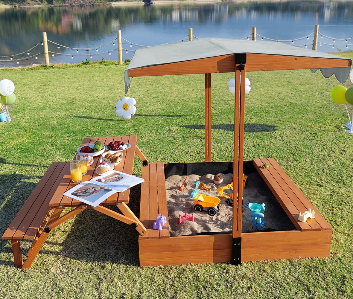 Wooden Kids Sandbox with Adjustable Canopy and Convertible Picnic Table