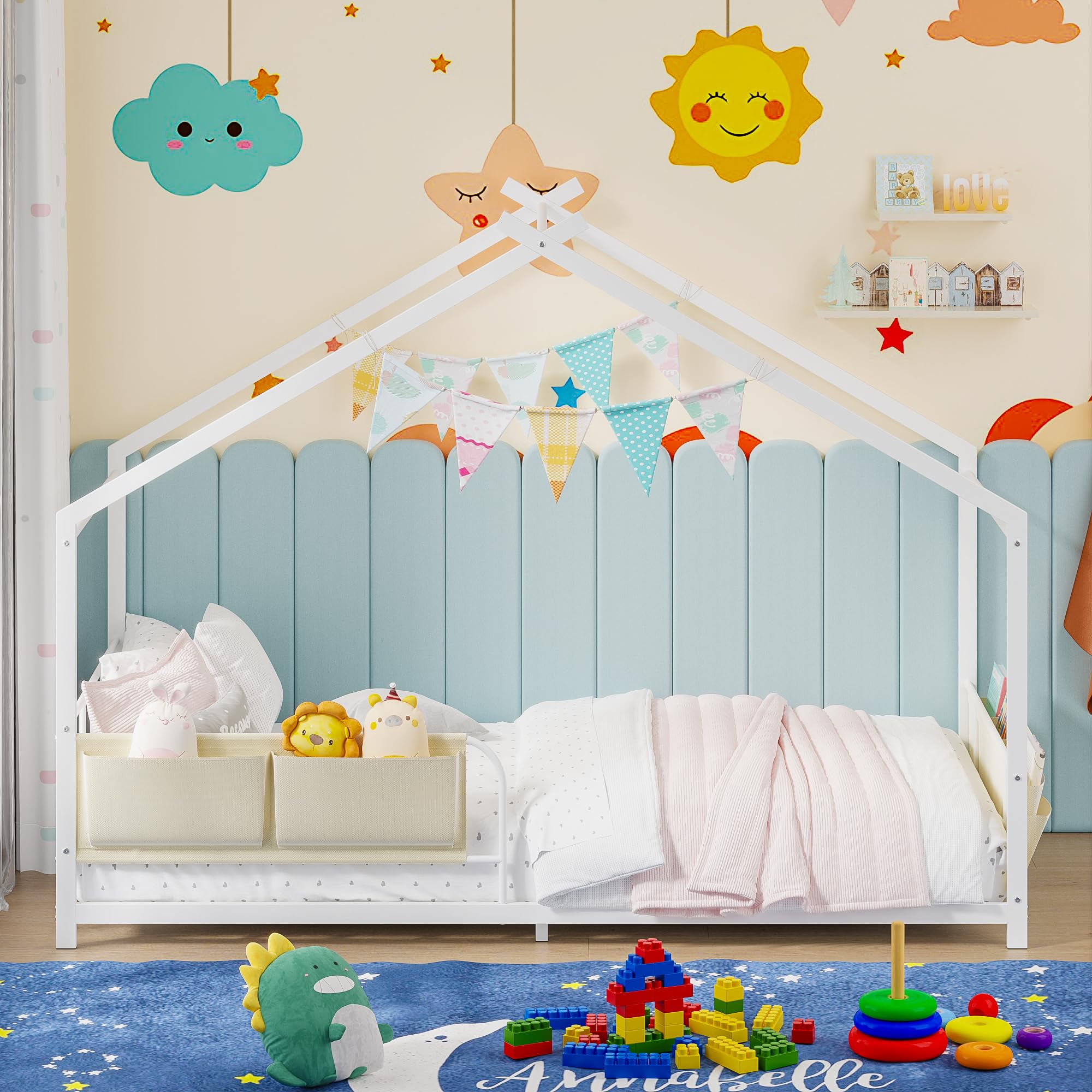 Montessori House Bed Twin Size Metal Floor Bed with Storage