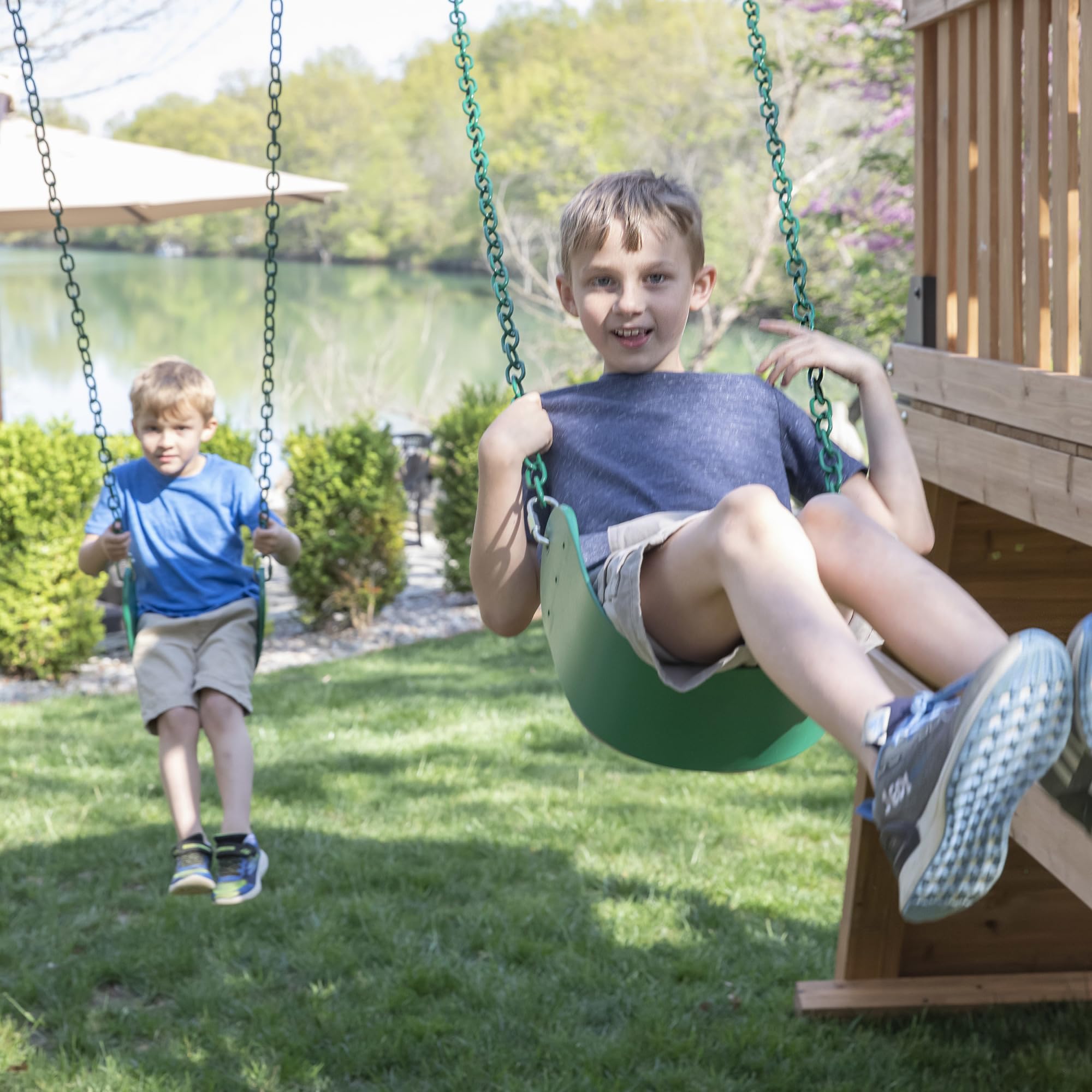 Endeavor II Cedar Wood Swing Set with Wave Slide, Play Deck, Double Rock Wall