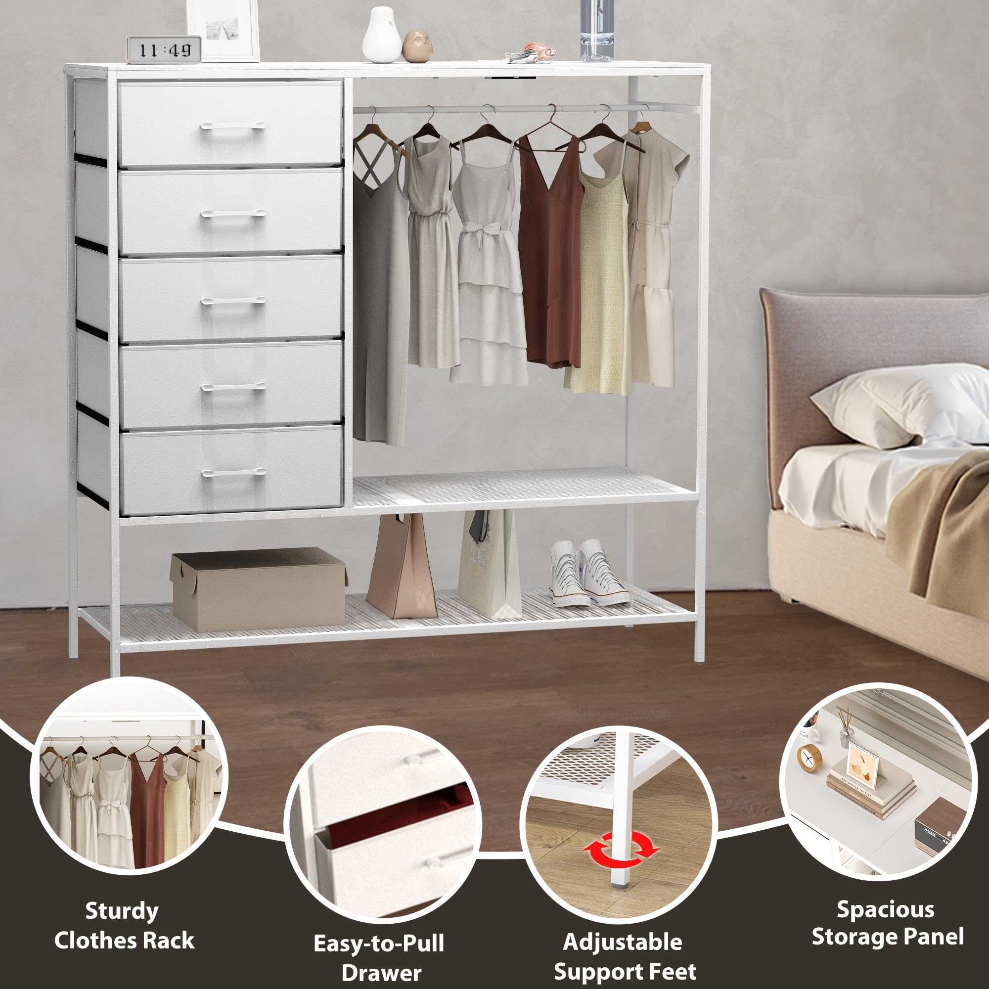 Fabric Dresser with Hanging Rack and LED Lights