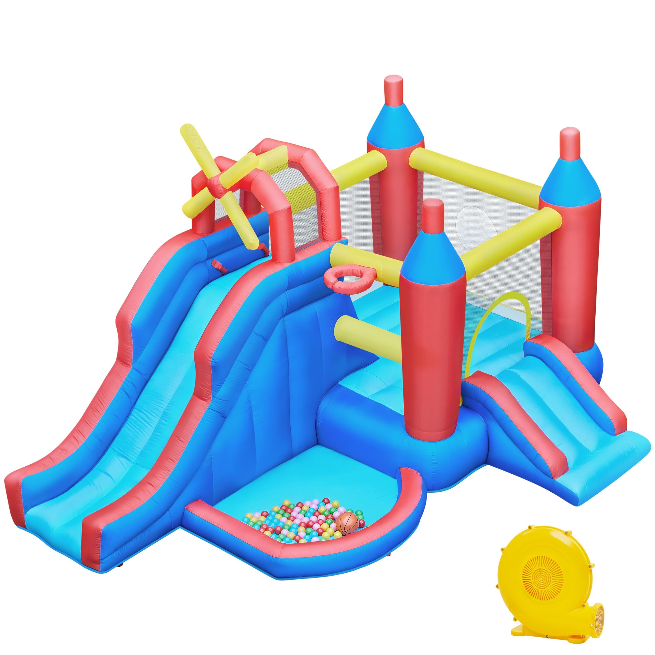Inflatable Bounce House, 7-in-1 Bouncy Castle Combo w/Ball Pit & Bouncing Area