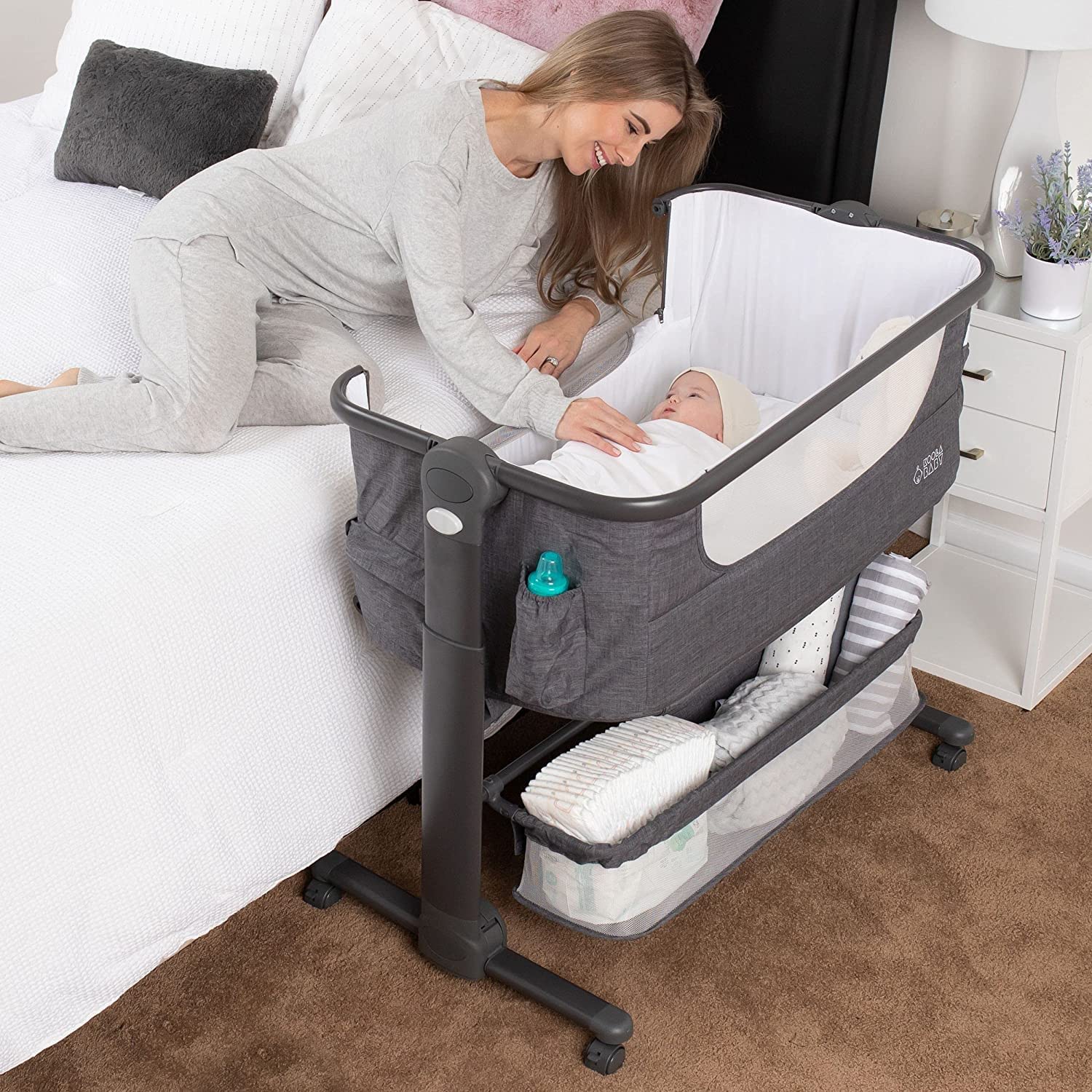 Bedside Baby Bassinet with Adjustable Height and Storage