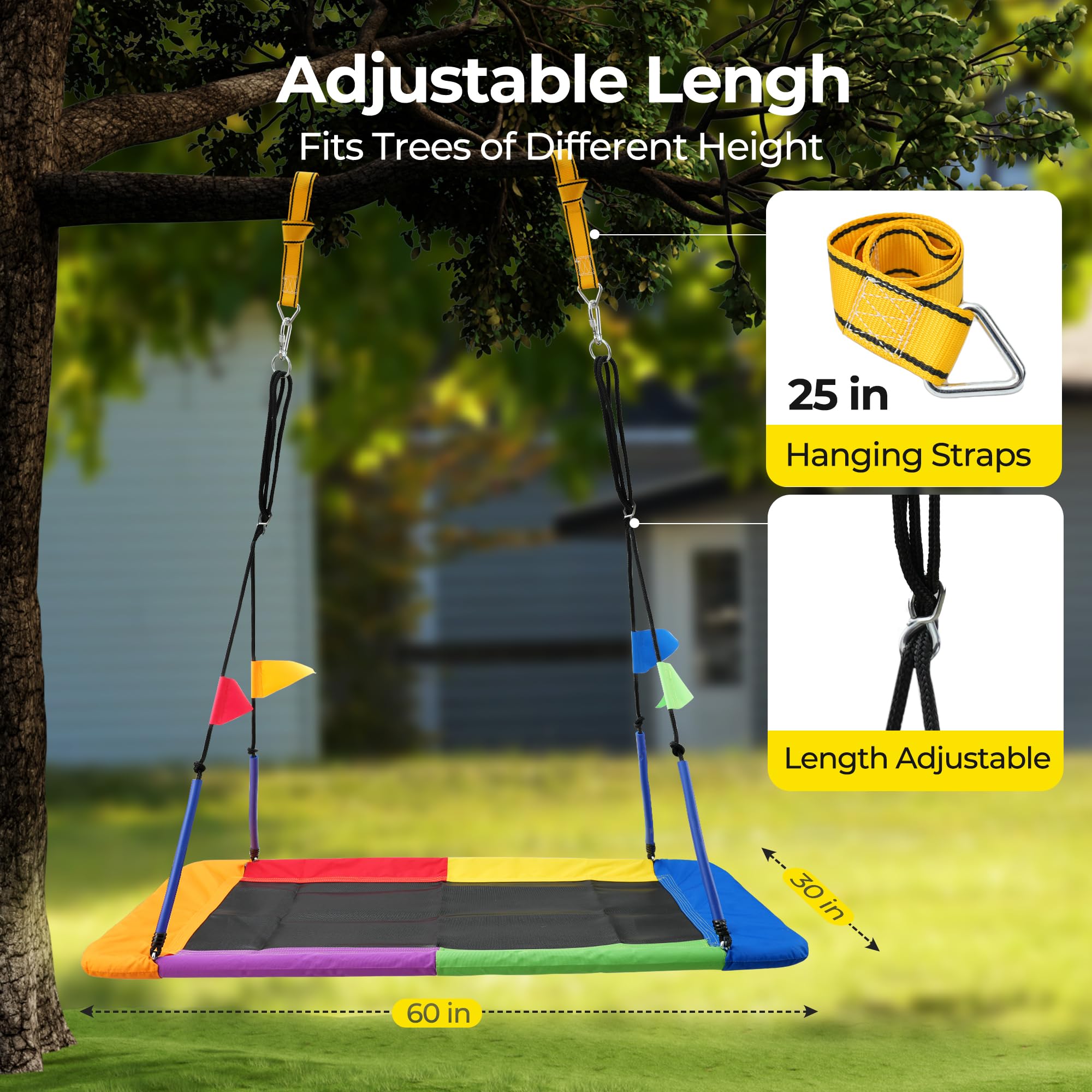 PACEARTH Tree Swing Rectangular Swing Set for Kids and Adults Heavy Duty Support 900LBS with Foam Protected 8-Strand Ropes and Thickened Hardware Easy to Install Outdoor, Colorful with Flags