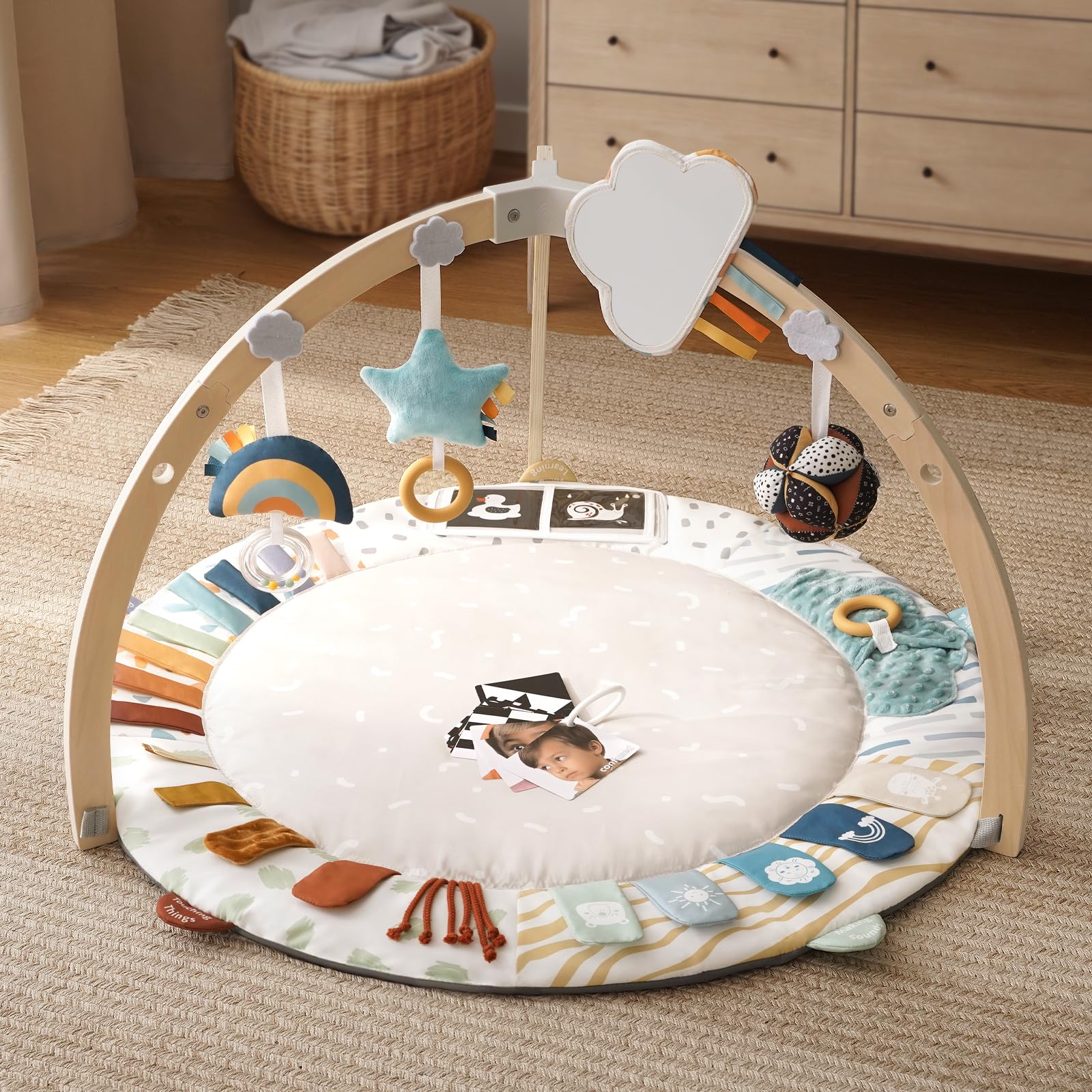 Baby Play Gym & Activity Mat, 5 Developmental Zones Wooden Tummy Time Mat