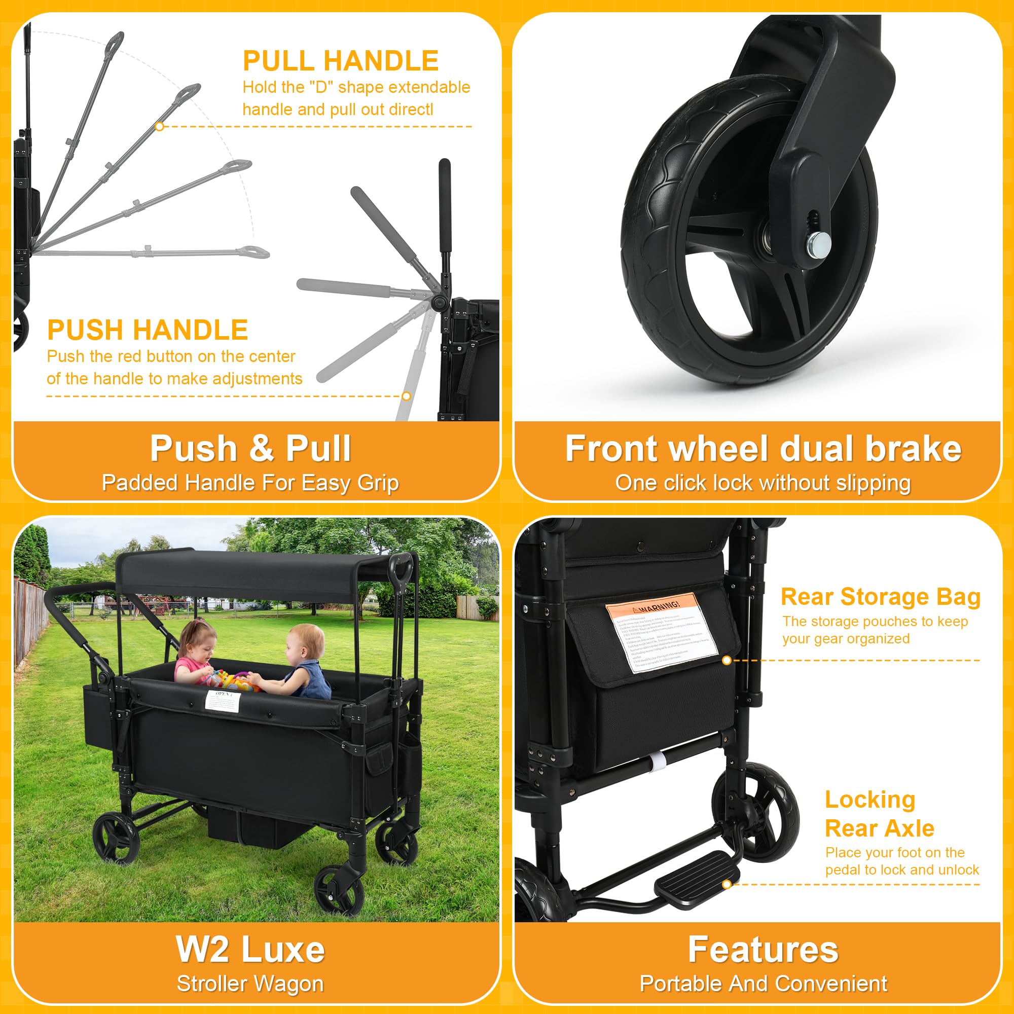 Stroller Wagon, 2 Seater Kids Wagon, Collapsible with 5-Point Harnesses, Zipper Door
