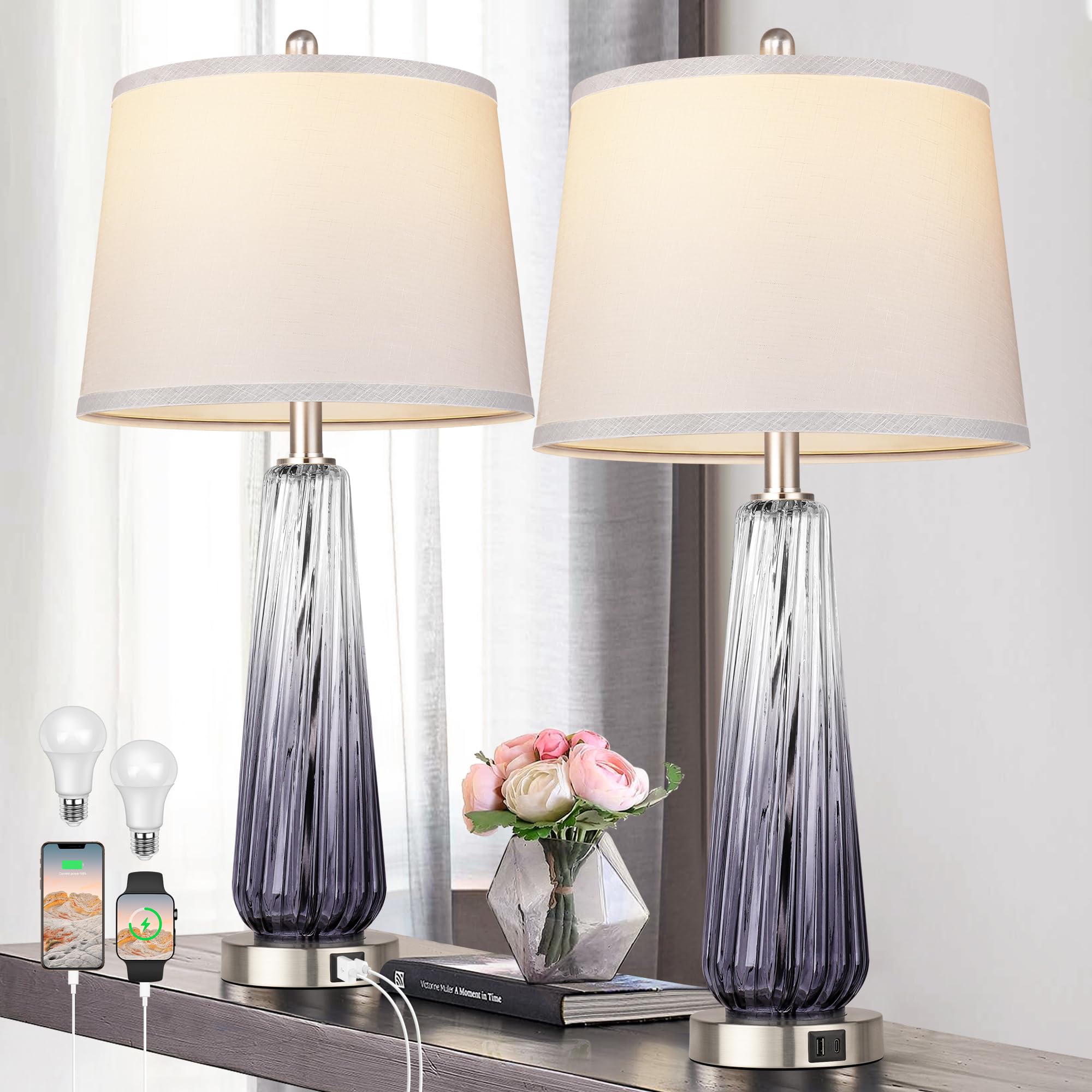 Lamps Set of 2, Modern Bedside Lamps for Bedrooms with USB A+C