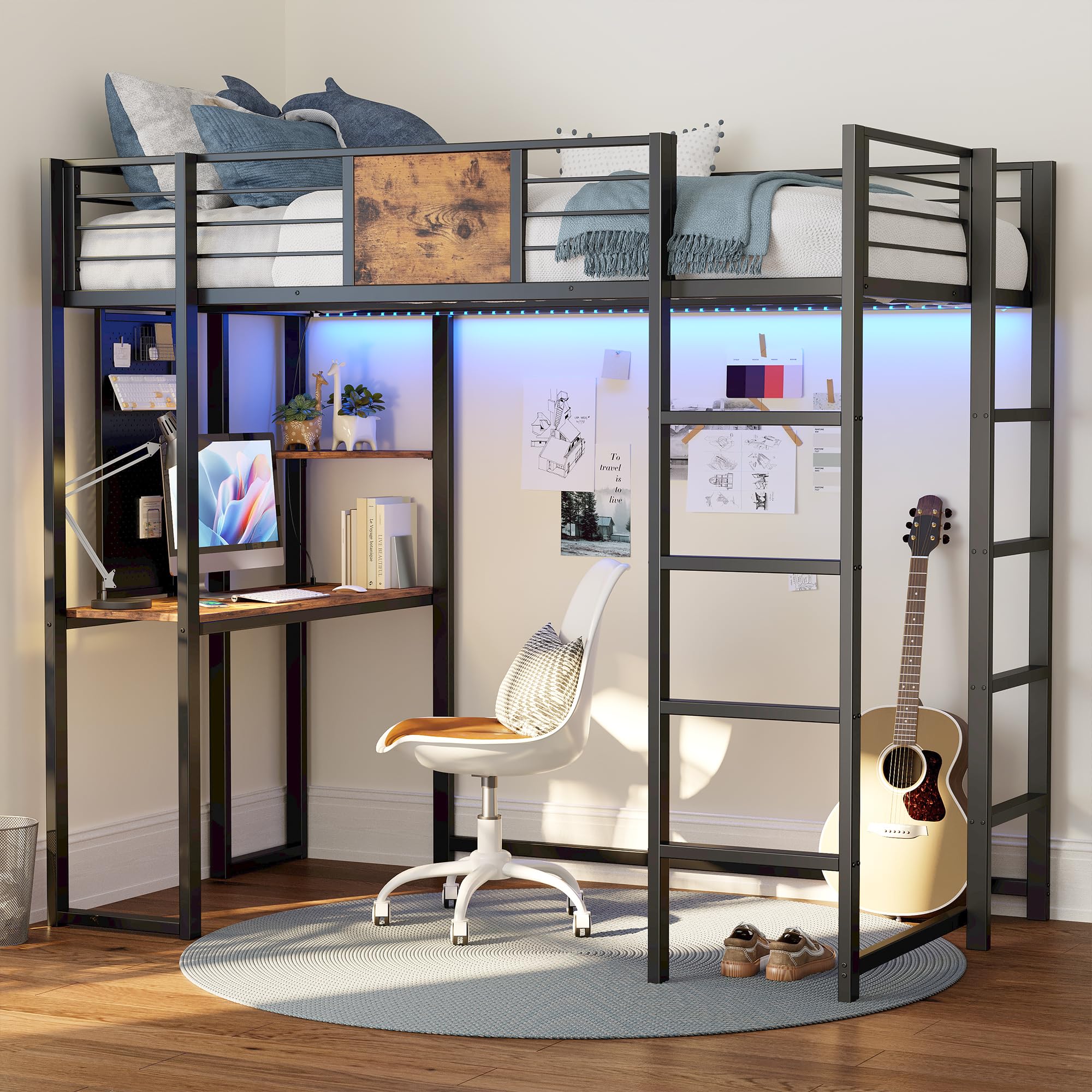 Twin Metal Loft Bed with Desk and Shelves for Teens Adult