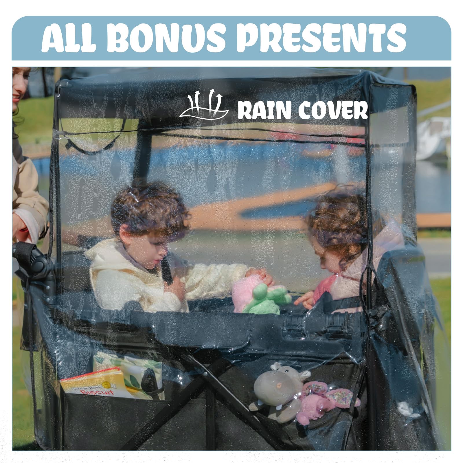 Double Wagon Stroller with Rain Cover and Safety Harness