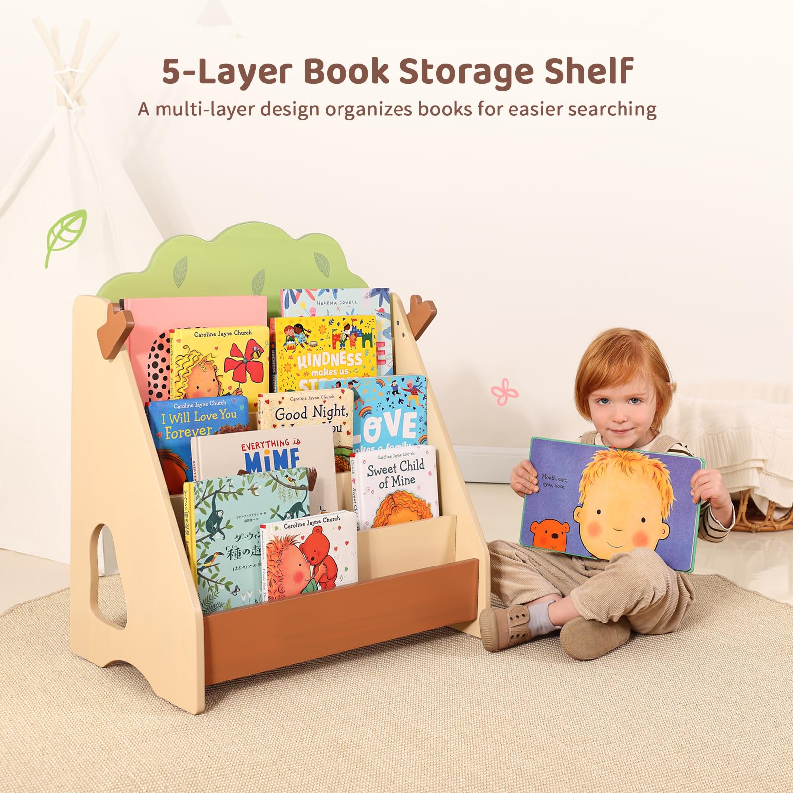 Tree Bookshelf for Kids - 5 Tier Front Facing Montessori Bookcase