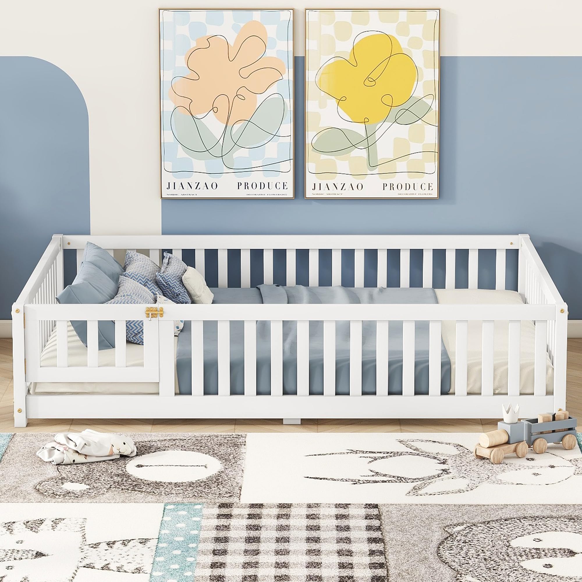 Full Size Montessori Floor Bed with Fence and Door