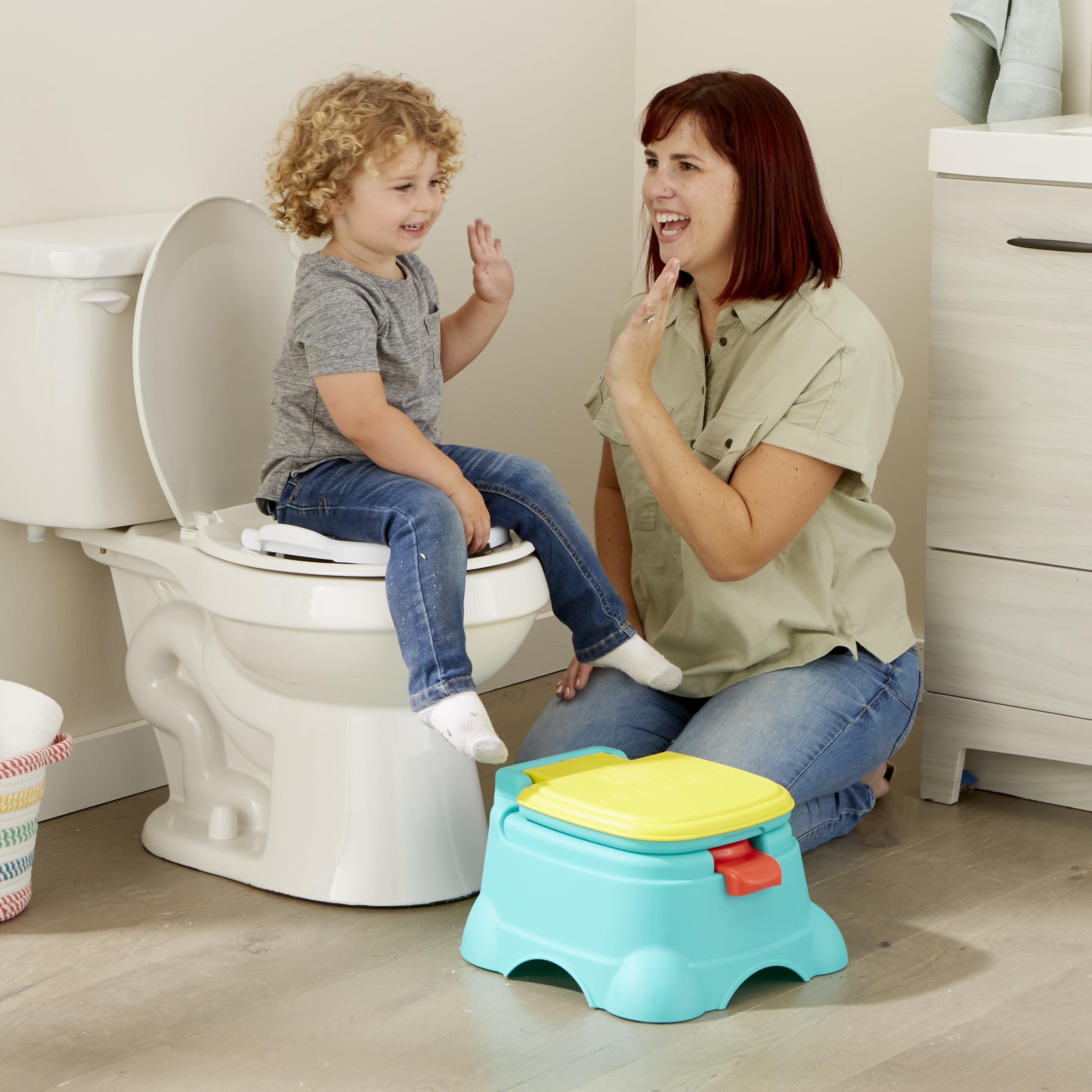 Sesame Street Elmo Hooray 3-in-1 Potty Training Toilet Seat and Step Stool, Easy to Clean Design with Flush Handle and Sounds, Portable and Great for Travel, Perfect for Toddler Boys and Girls 1-3