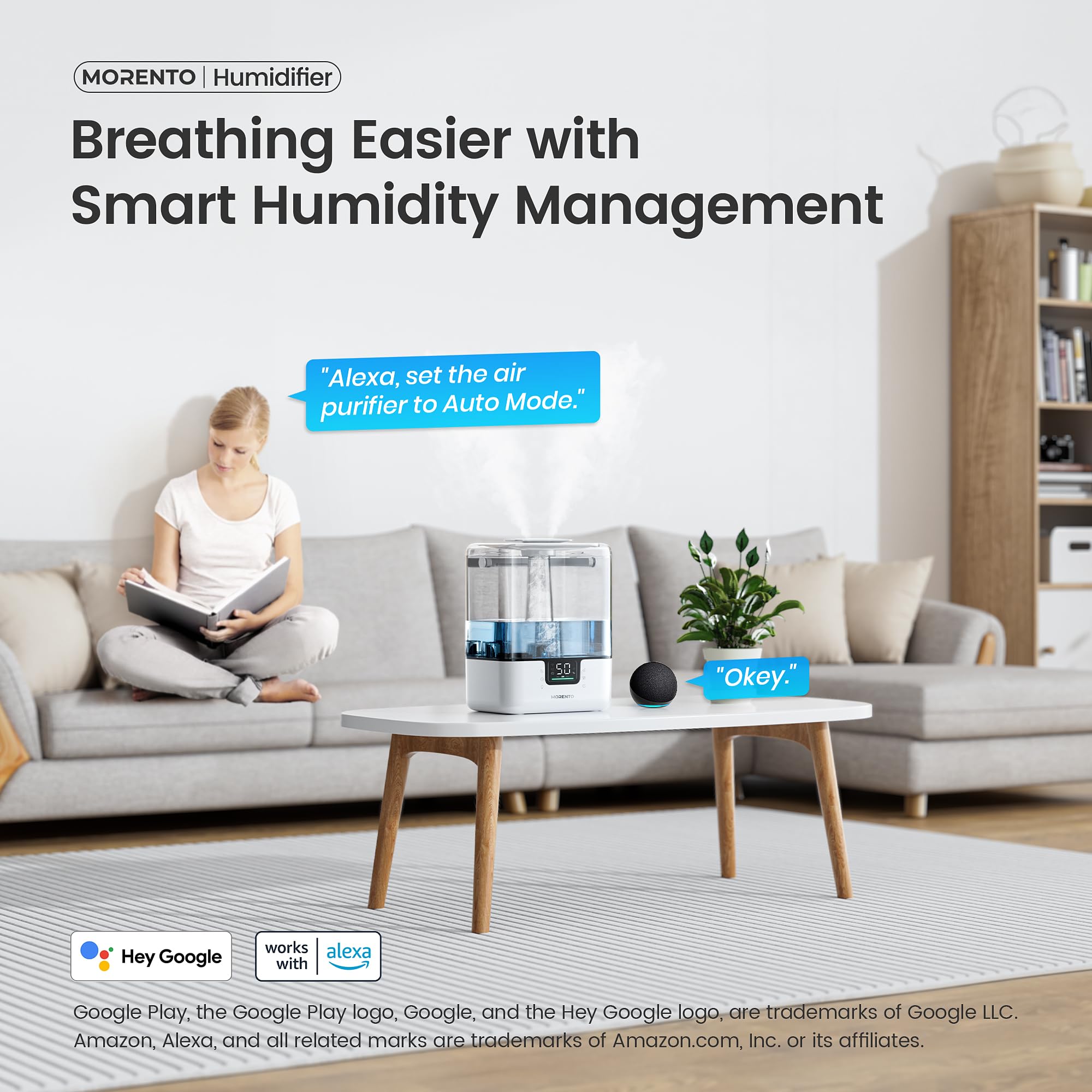 MORENTO Smart Humidifiers for Bedroom Large Room Home, 6L Cool Mist Top Fill Humidifier with Essential Oil Diffuser, Smart App & Voice Control, for Nursery & Plants, White, 1 Pack + 7 Color NightLight
