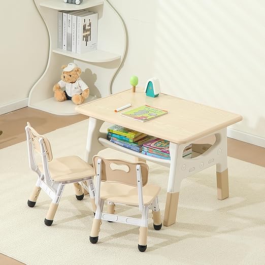 Kids Table and 2 Chairs Set, Large Built-in Storage, Adjustable Toddler Table and Chair Set