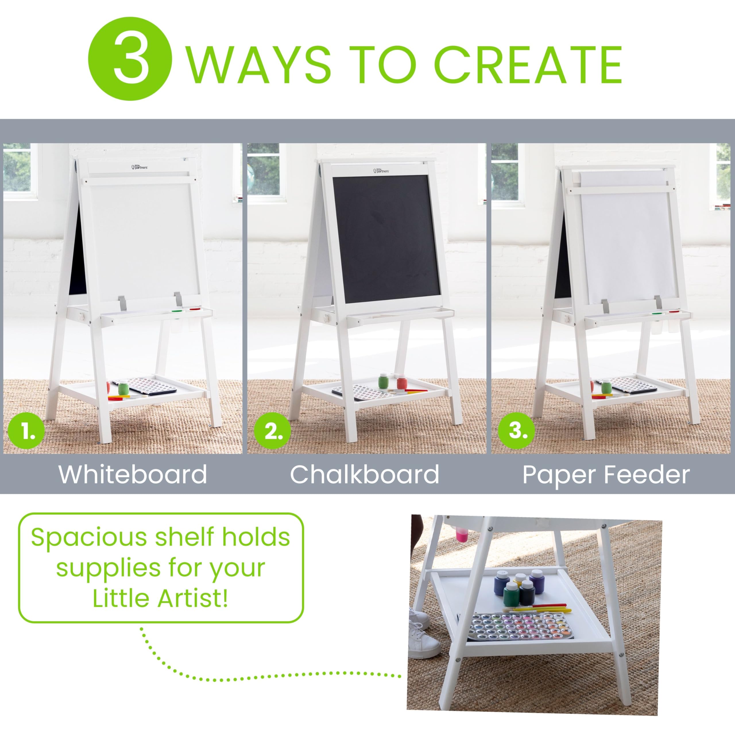 Little Partners Folding EZ Painting Easel for Kids, Dual-Sided Art Easel for Kids Art Station, Folds Flat with Chalkboard, Dry Erase Whiteboard, Paper, Eraser, Paint Cups, Shelf (Soft White)