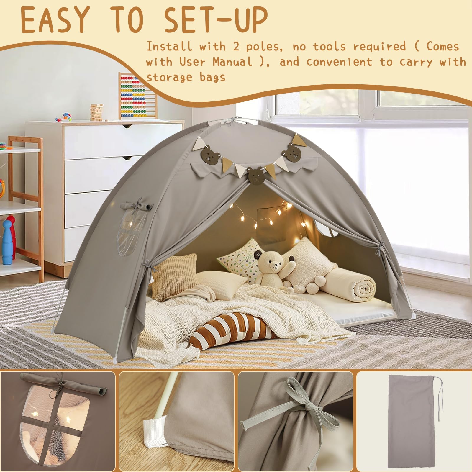 Twin Bed Tent, Bed Canopy Bunk Bed Tent with Stars Lights & Flags, Breathable Sleeping Tent, Privacy Space Dream Playhouse for Indoor Bedroom Floor, Portable Foldable Play Tent with Storage Bag, Grey