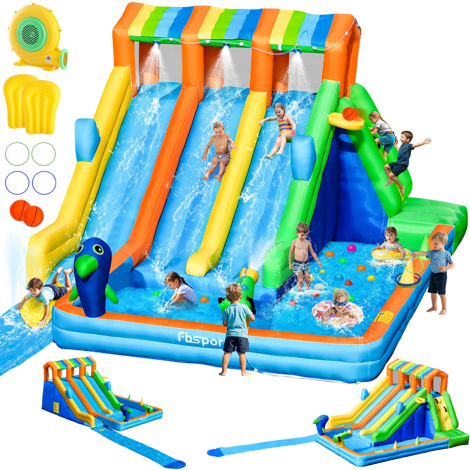 Inflatable Water Bounce House, Large Bounce Castle with 3 Slide, Inflatable Water Slide