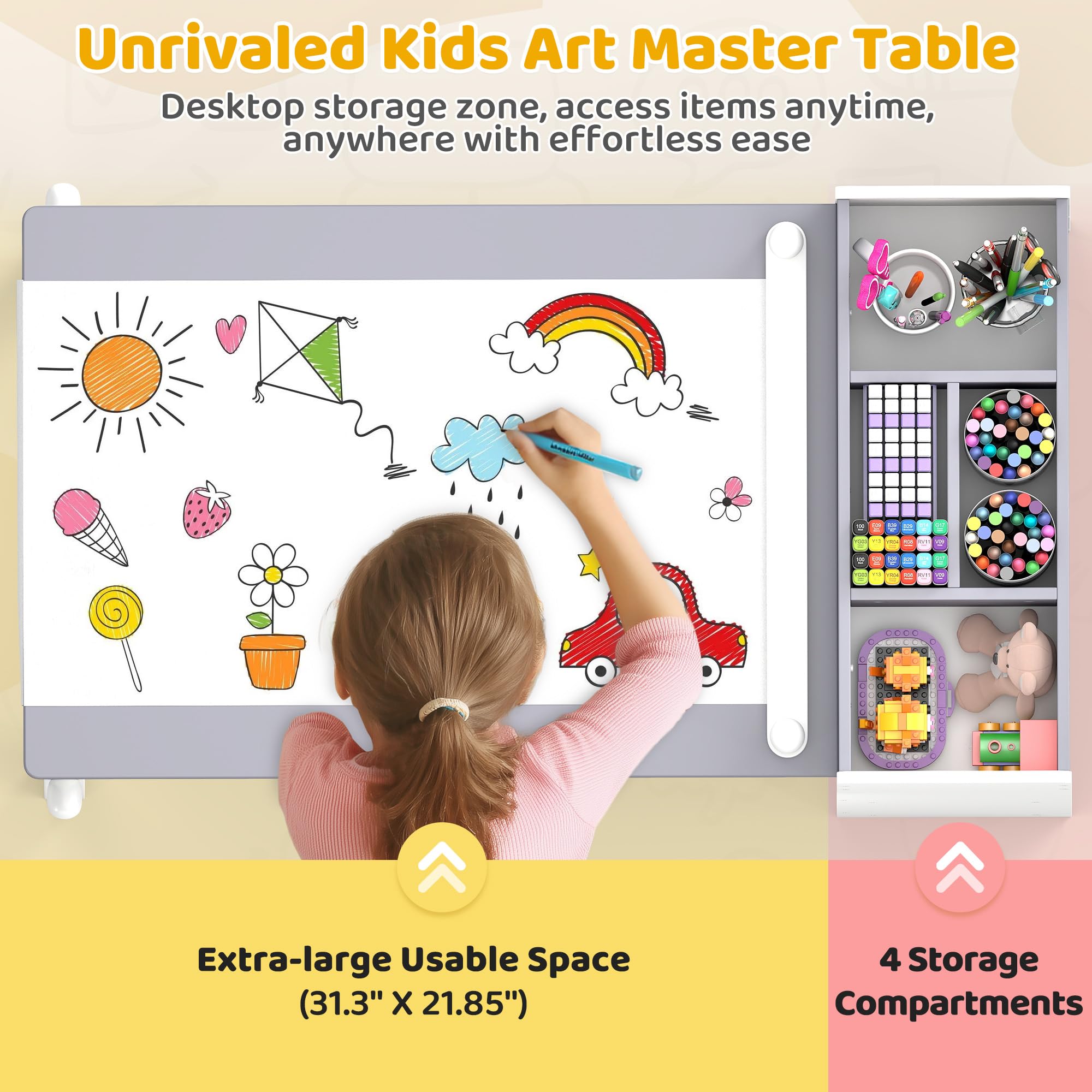 Kids Art Table and Chairs Set with Storage and Paper Roll