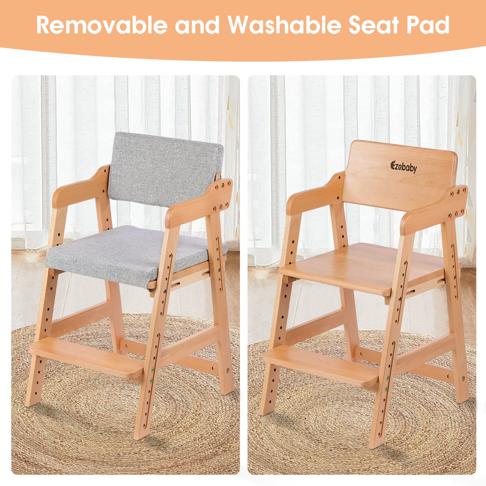 Adjustable Wooden High Chair for Toddlers to Teens