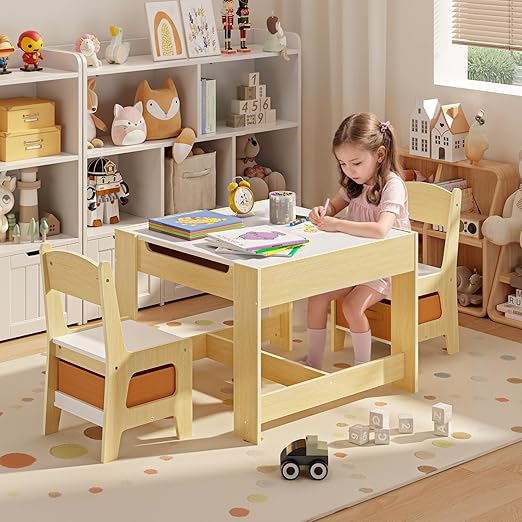 Kids Table and Chairs with Storage 3 in 1 Toddler Craft Table and Chair Set Sensory