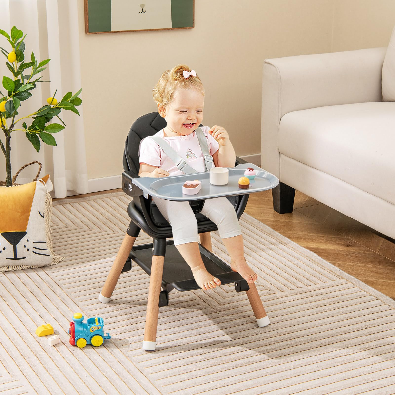 Baby High Chair, 6 in 1 Convertible Wooden High Chair for Babies & Toddlers