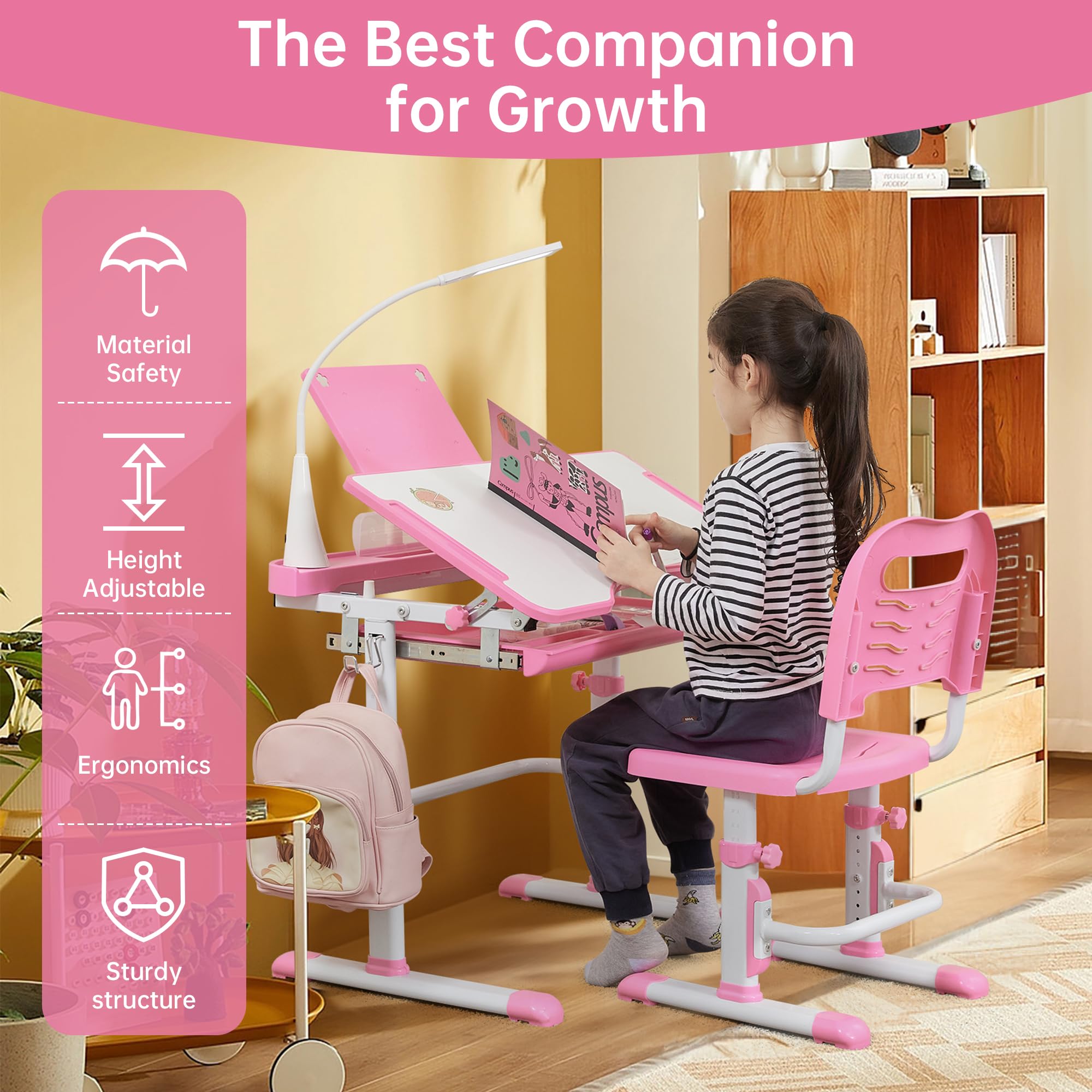 Height Adjustable Kids Desk and Chair Set with Tiltable Desktop