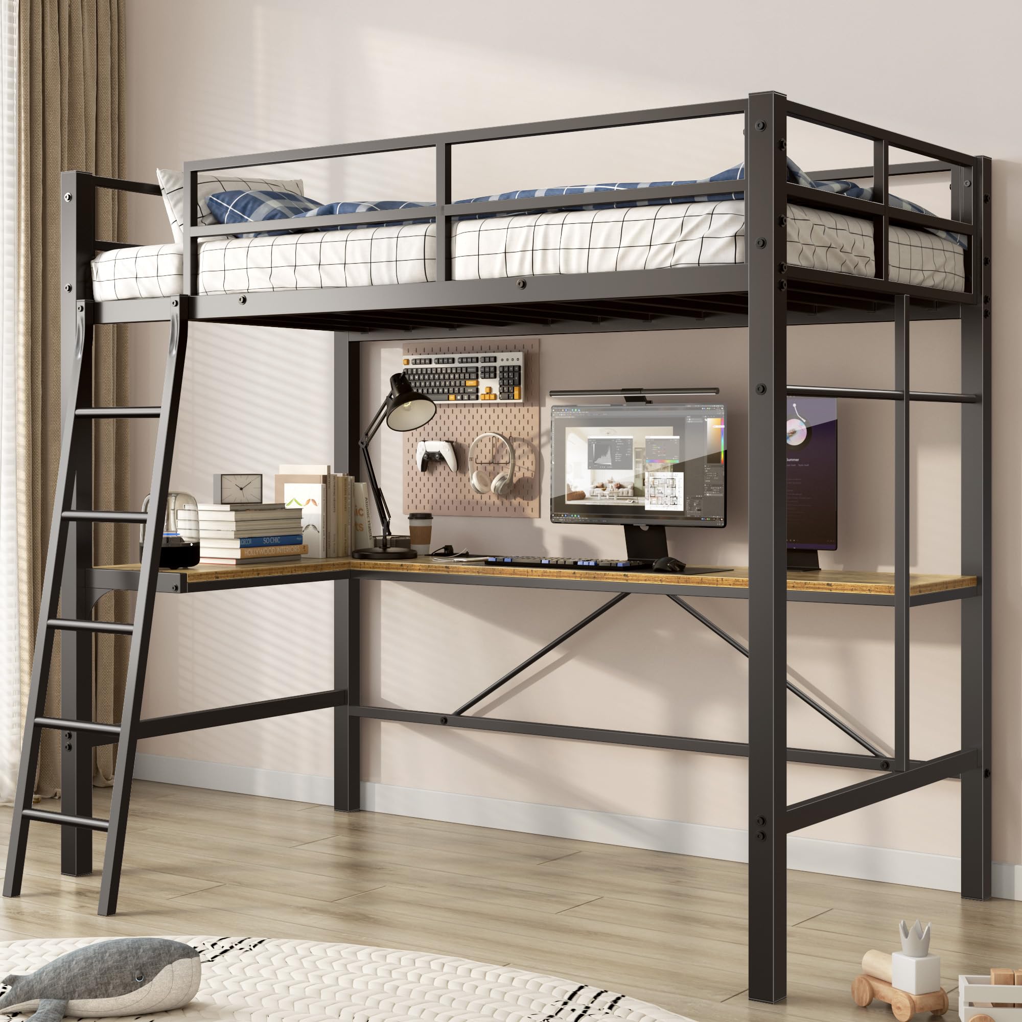 Metal Loft Bed Twin Size with Desk, Heavy Duty Twin Bed Frame