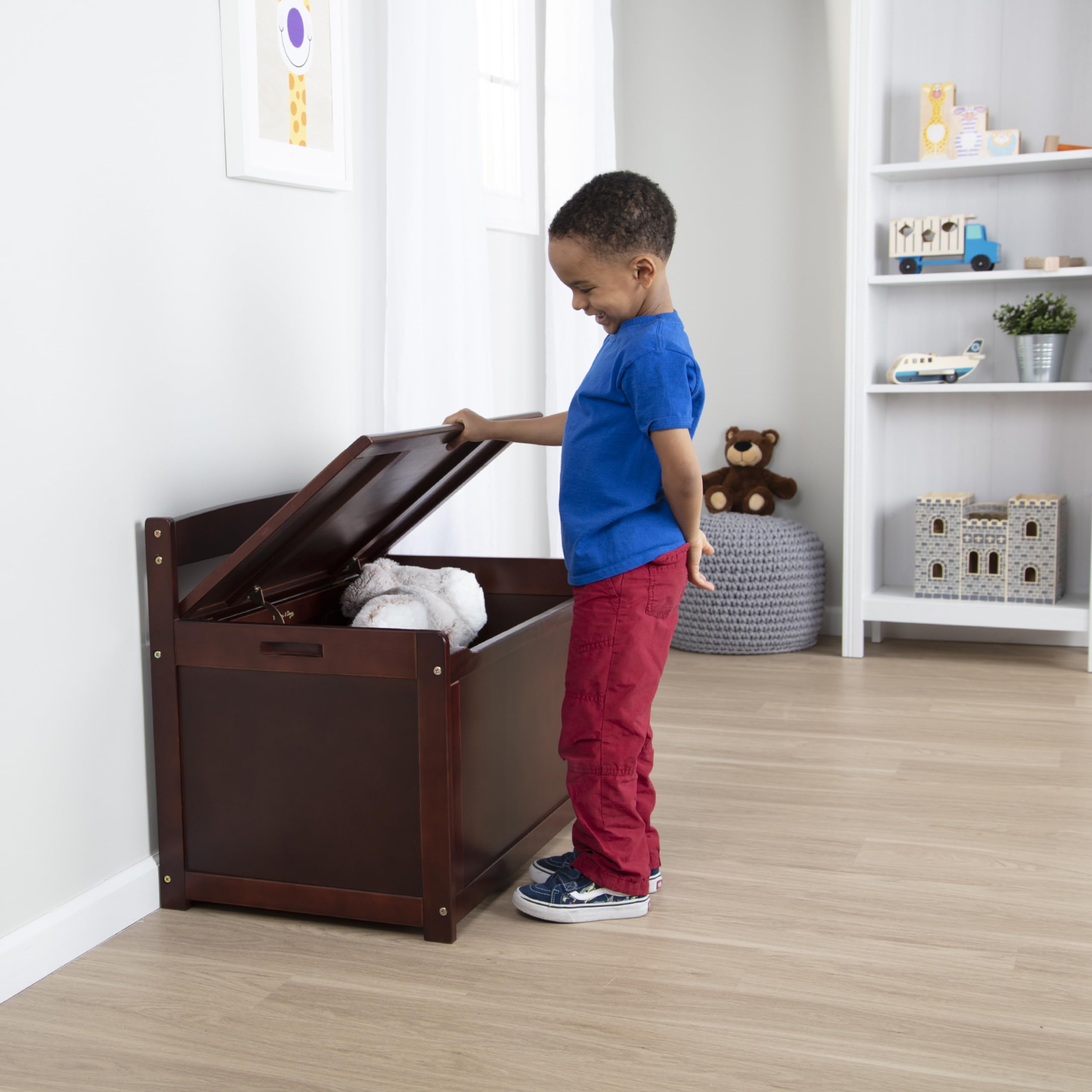 Wooden Toy Chest with Safety Hinged Lid - Espresso